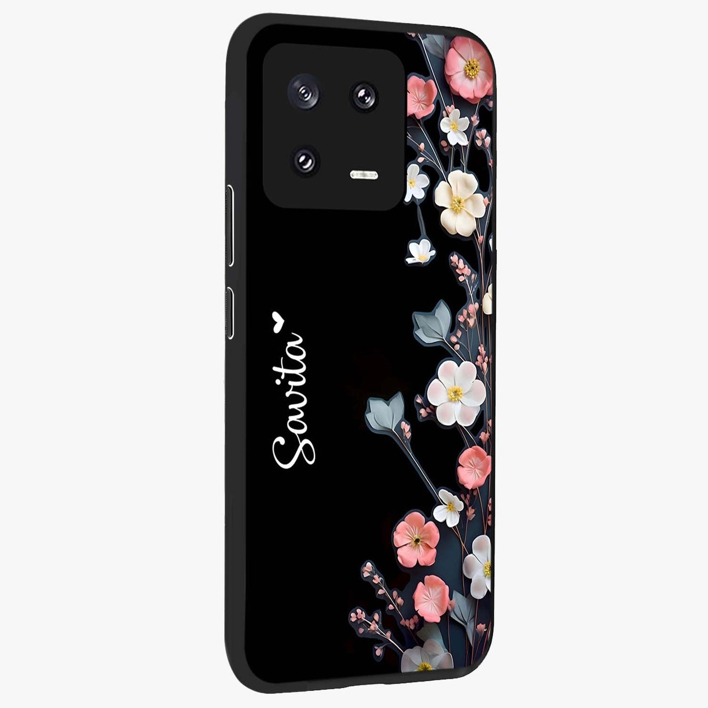 Black Elegance Floral Custom Name Glass Case upright view showcasing luxurious black floral design with personalized name detail.