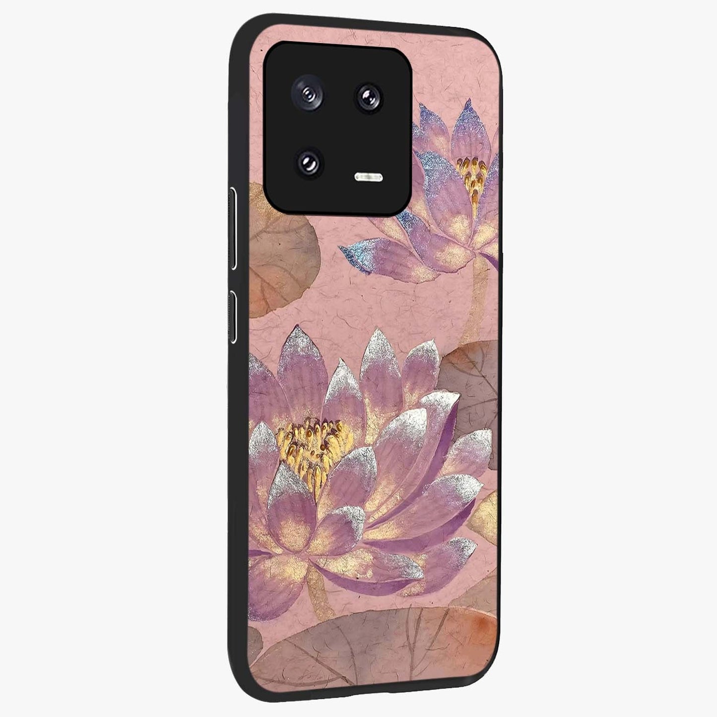 Blossom Mist Lotus Glass Case upright view showcasing graceful lotus flower design with peaceful botanical style.