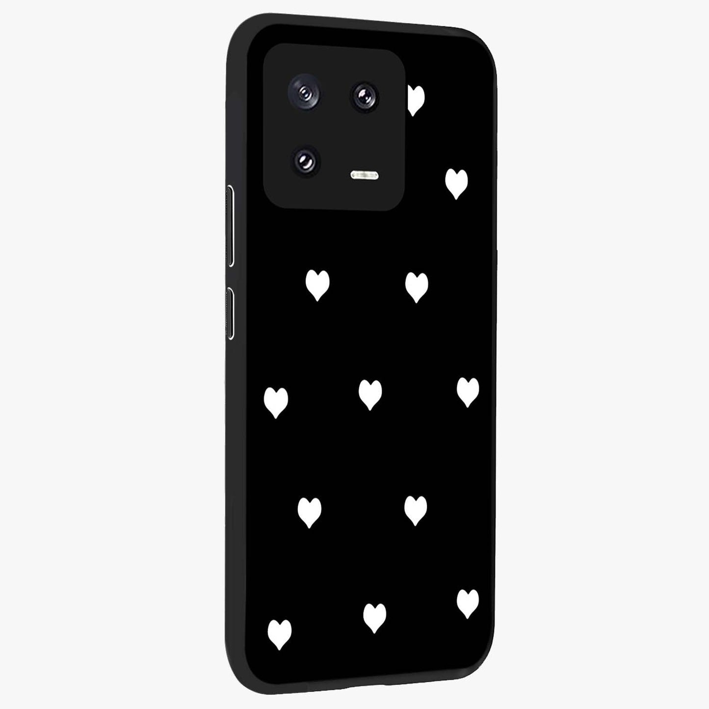 Cute And Simple White Hearts Glass Case upright view showcasing simple white hearts artwork with soft minimal theme.