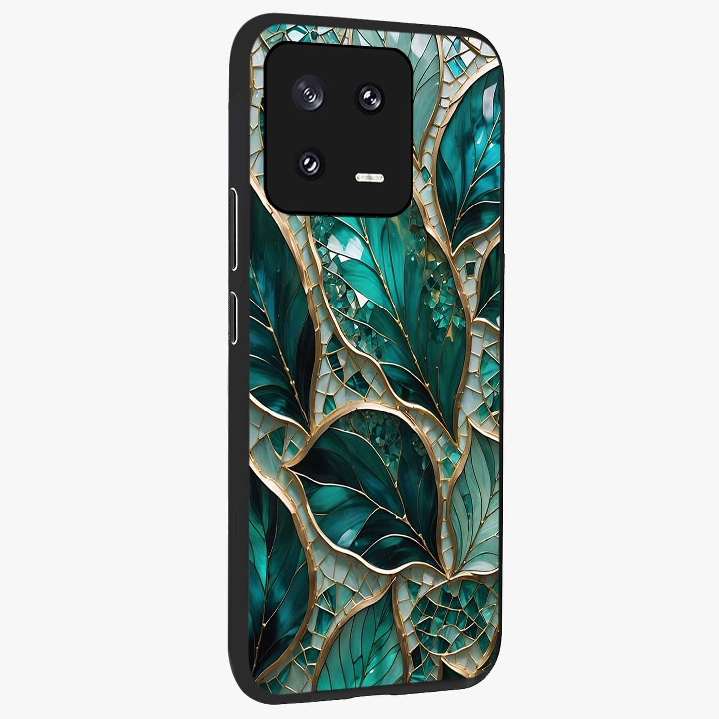 Emerald Leaf Glass Glass Case upright view showcasing fresh green leaf artwork with calming nature inspired style.