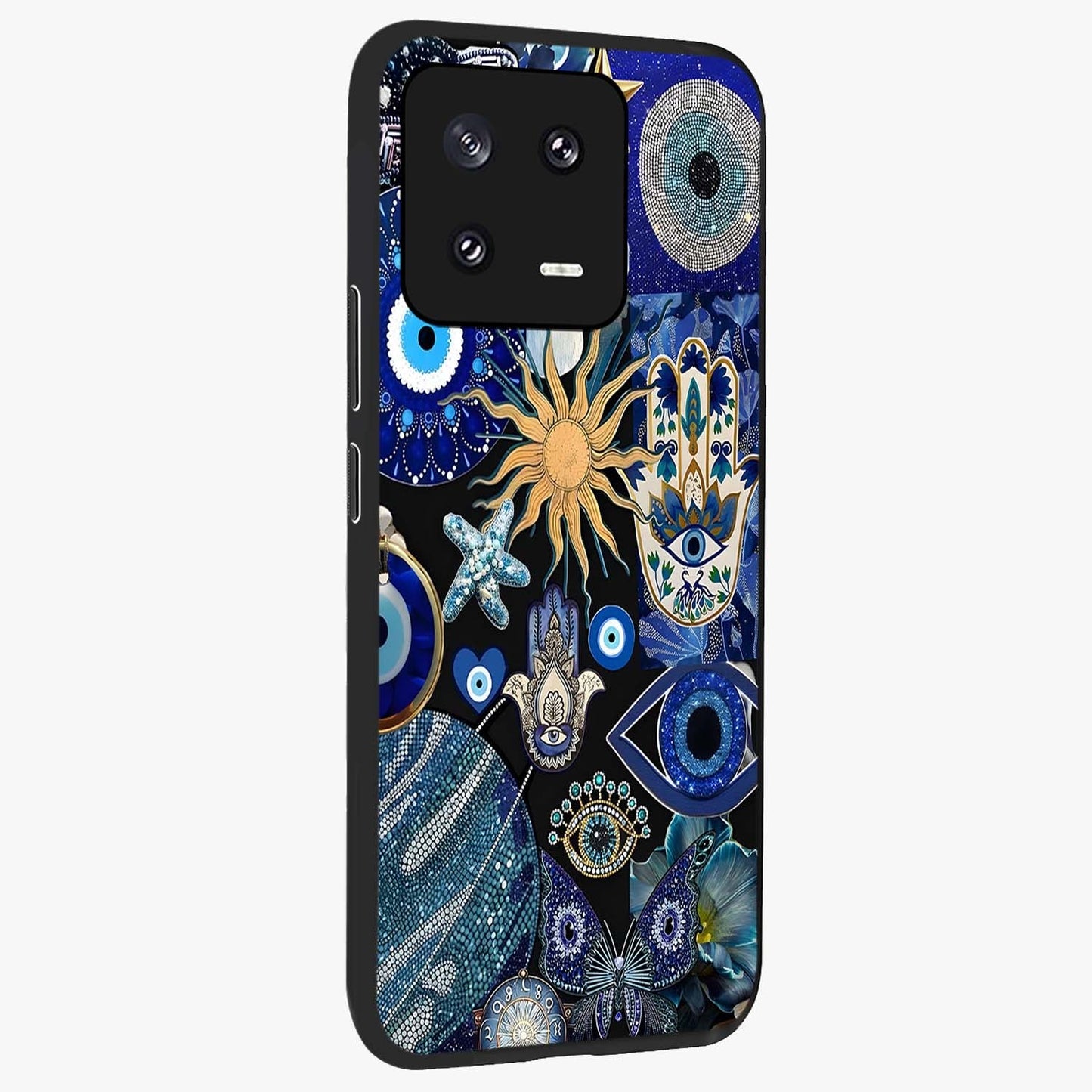 Evil Eye Charm Mix Glass Case upright view showcasing mystical evil eye pattern with vibrant decorative style.