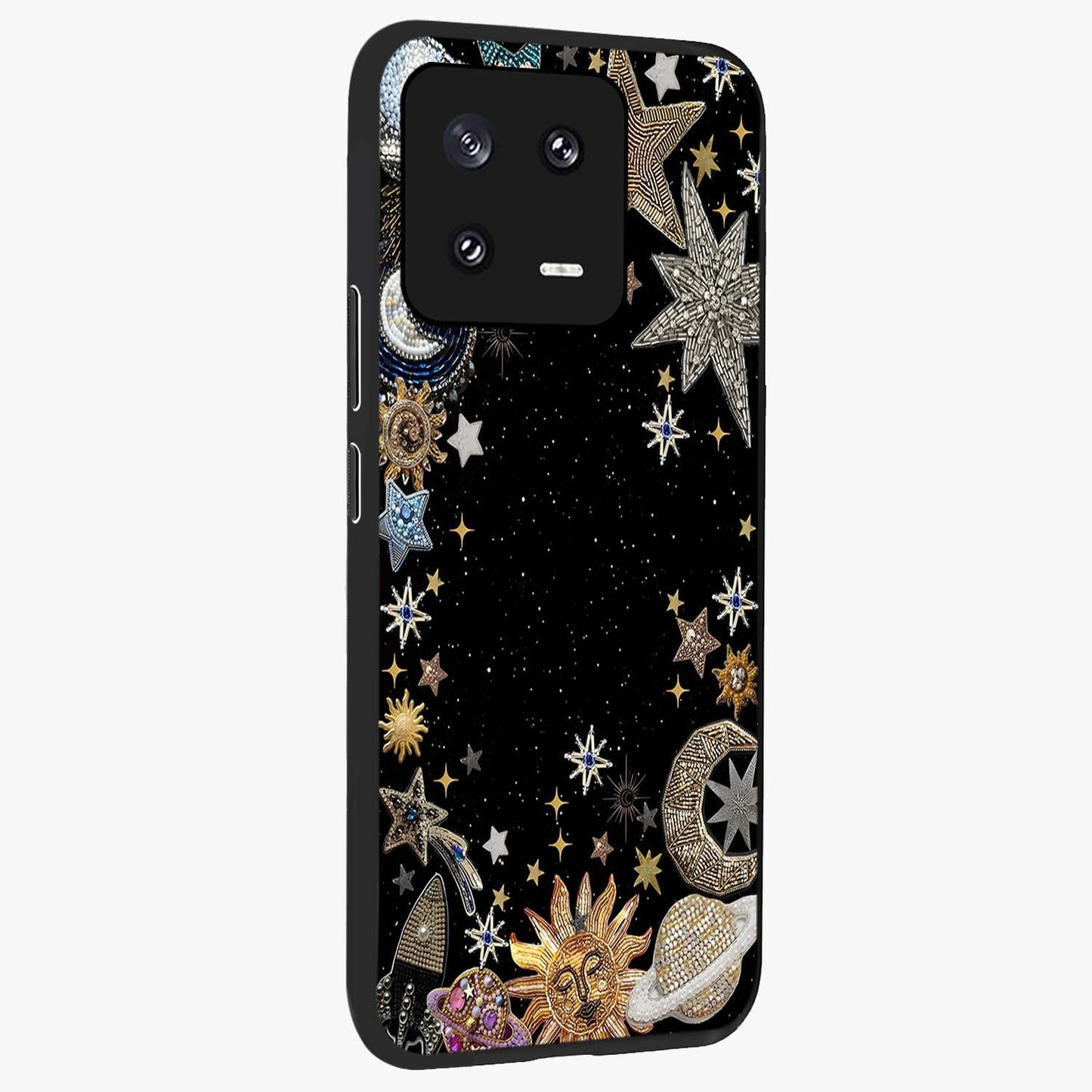Galactic Jewel Stars Glass Case upright view showcasing glittering star jewel artwork with vibrant galaxy theme.