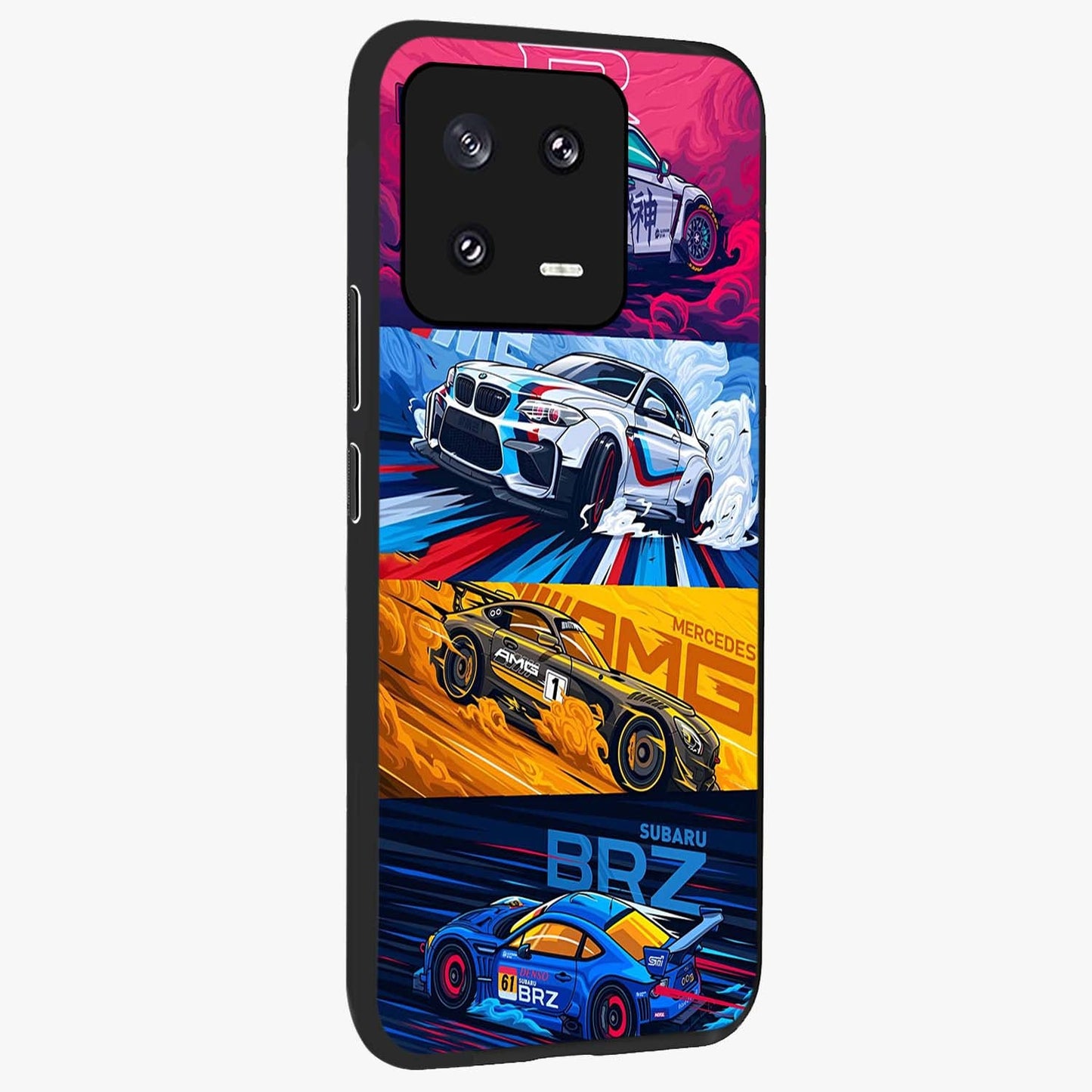 JDM Sports Car Glass Case upright view showcasing dynamic sports car artwork with bold racing theme.
