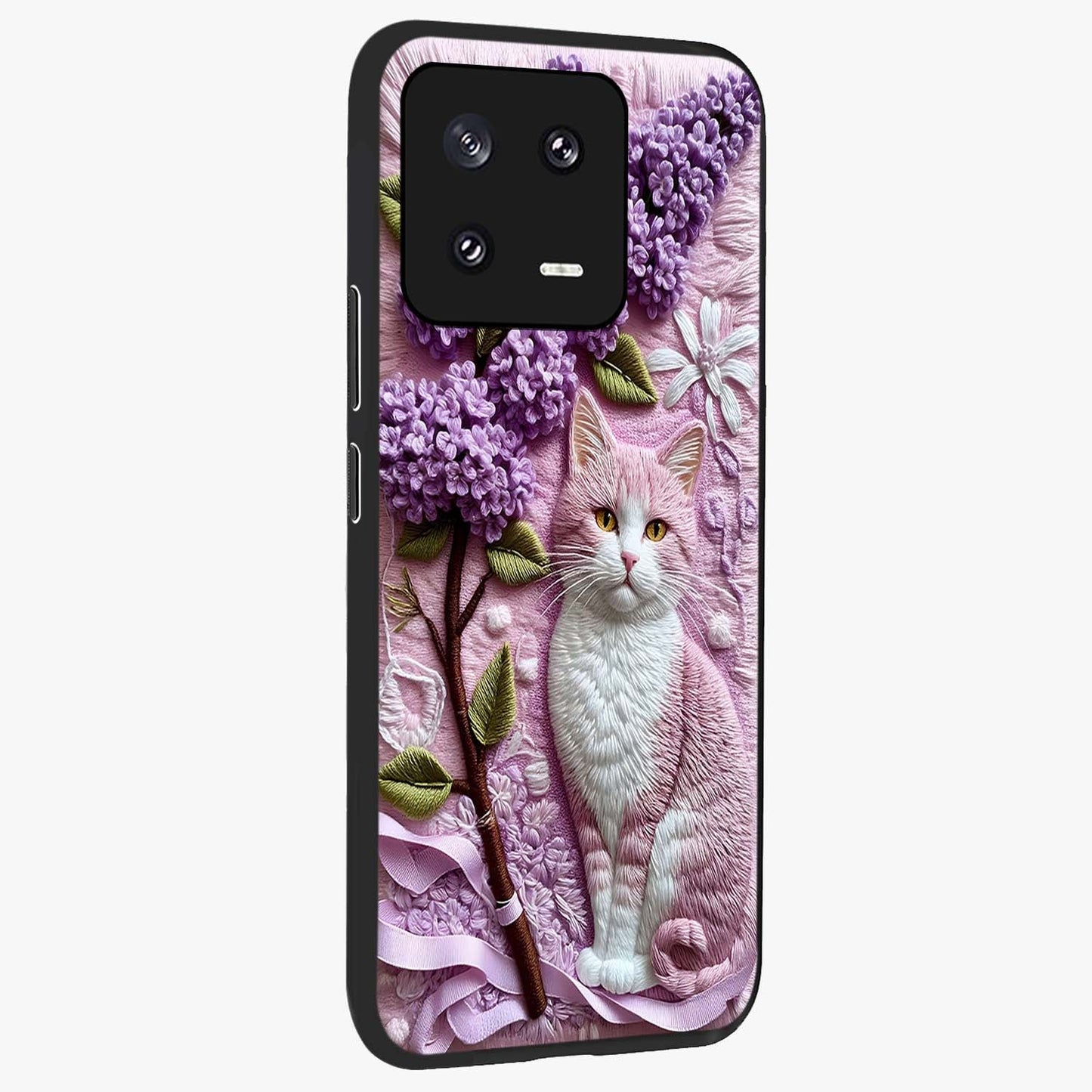Lavender Cat Whimsy Glass Case upright view showcasing charming cat artwork with whimsical lavender theme.