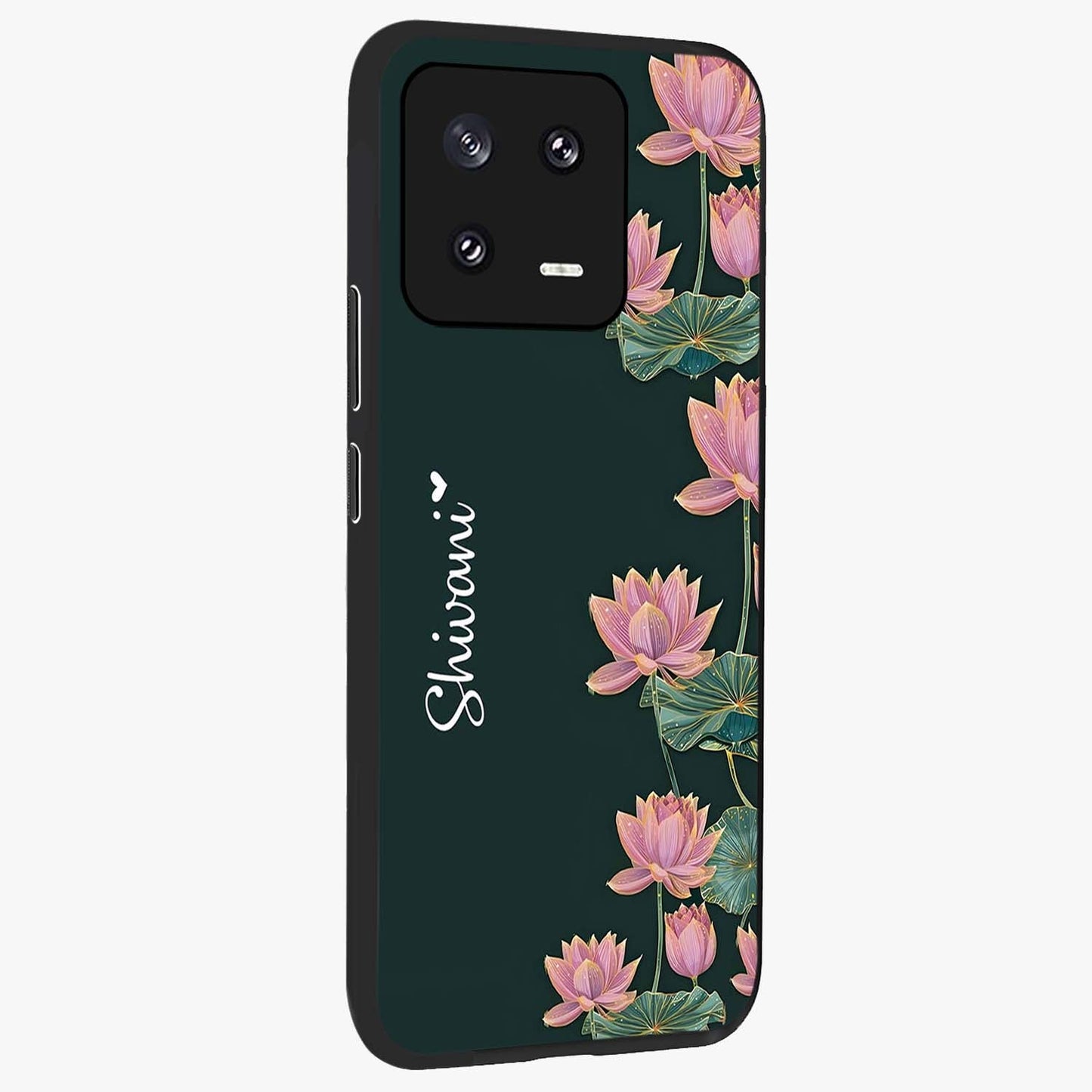 Lotus Bloom Serenity Custom Name Glass Case upright view showcasing serene lotus bloom artwork with personalized floral aesthetic.