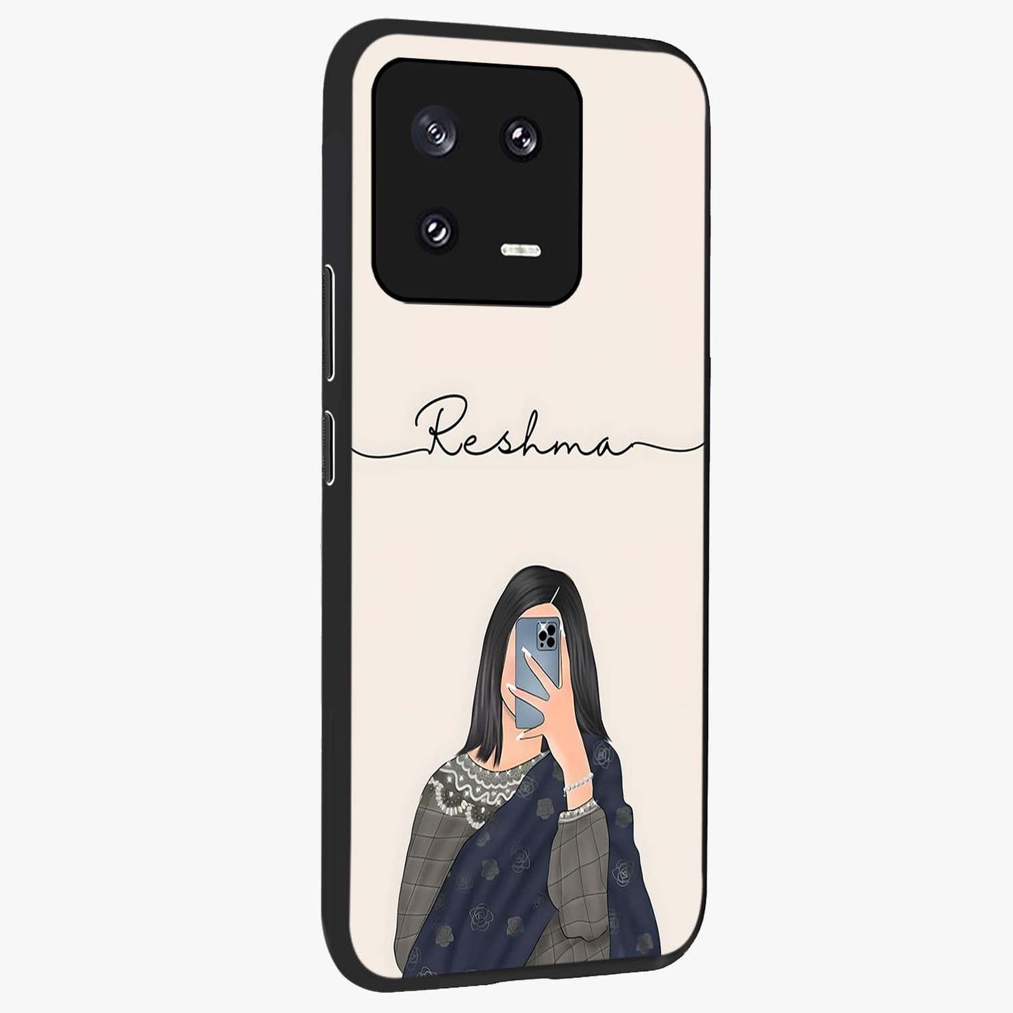 Mirror Mood Muse With Custom Name Glass Case upright view showcasing artistic mirror themed artwork with personalized aesthetic.