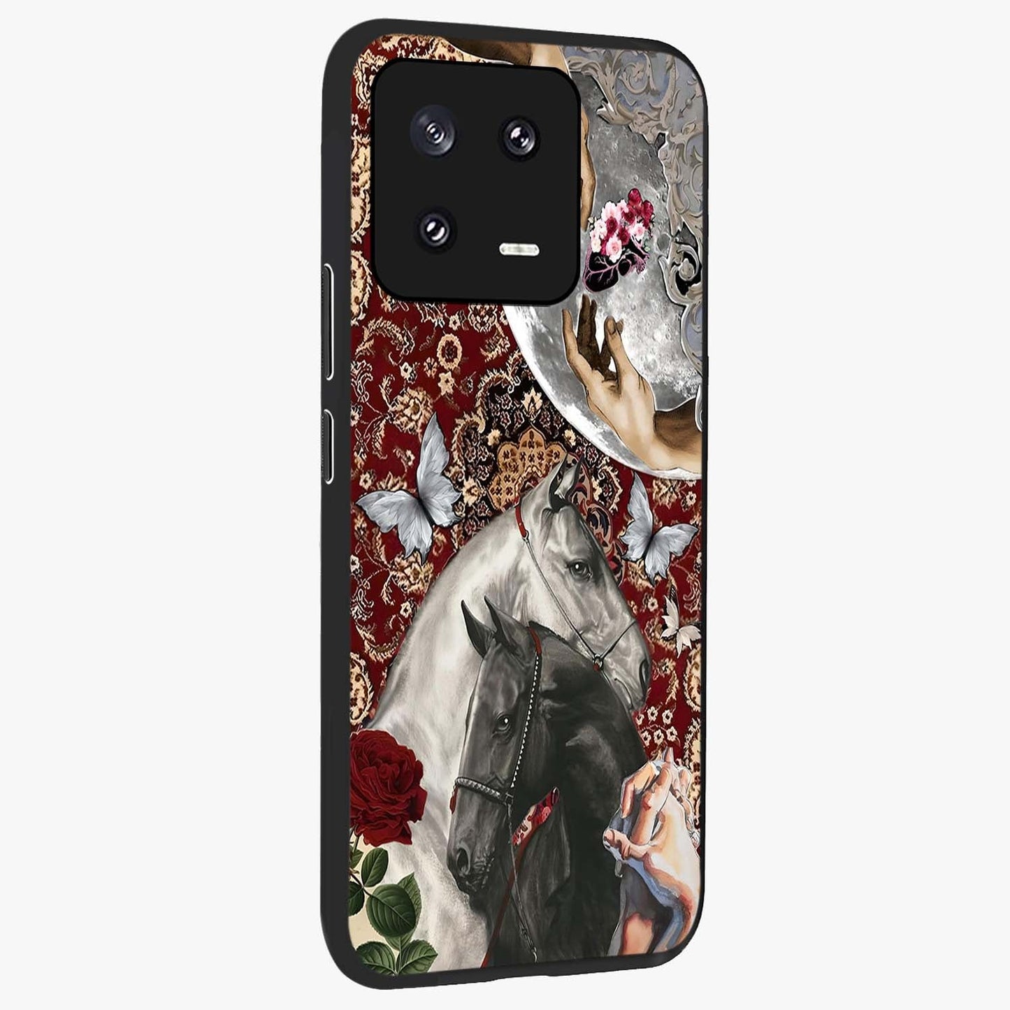 Moonlit Royal Stallion Glass Case upright view showcasing dramatic horse artwork with glowing moon themed design.
