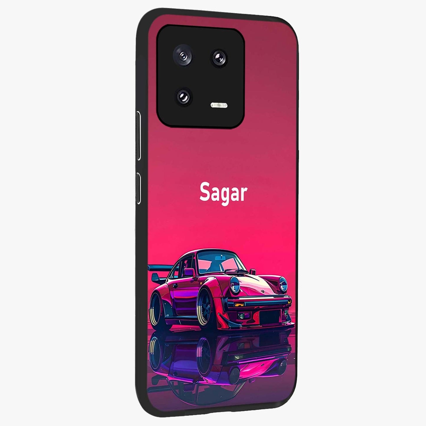 Neon Pink Porsche Glass Case upright view showcasing vibrant sports car artwork with bold automotive theme.