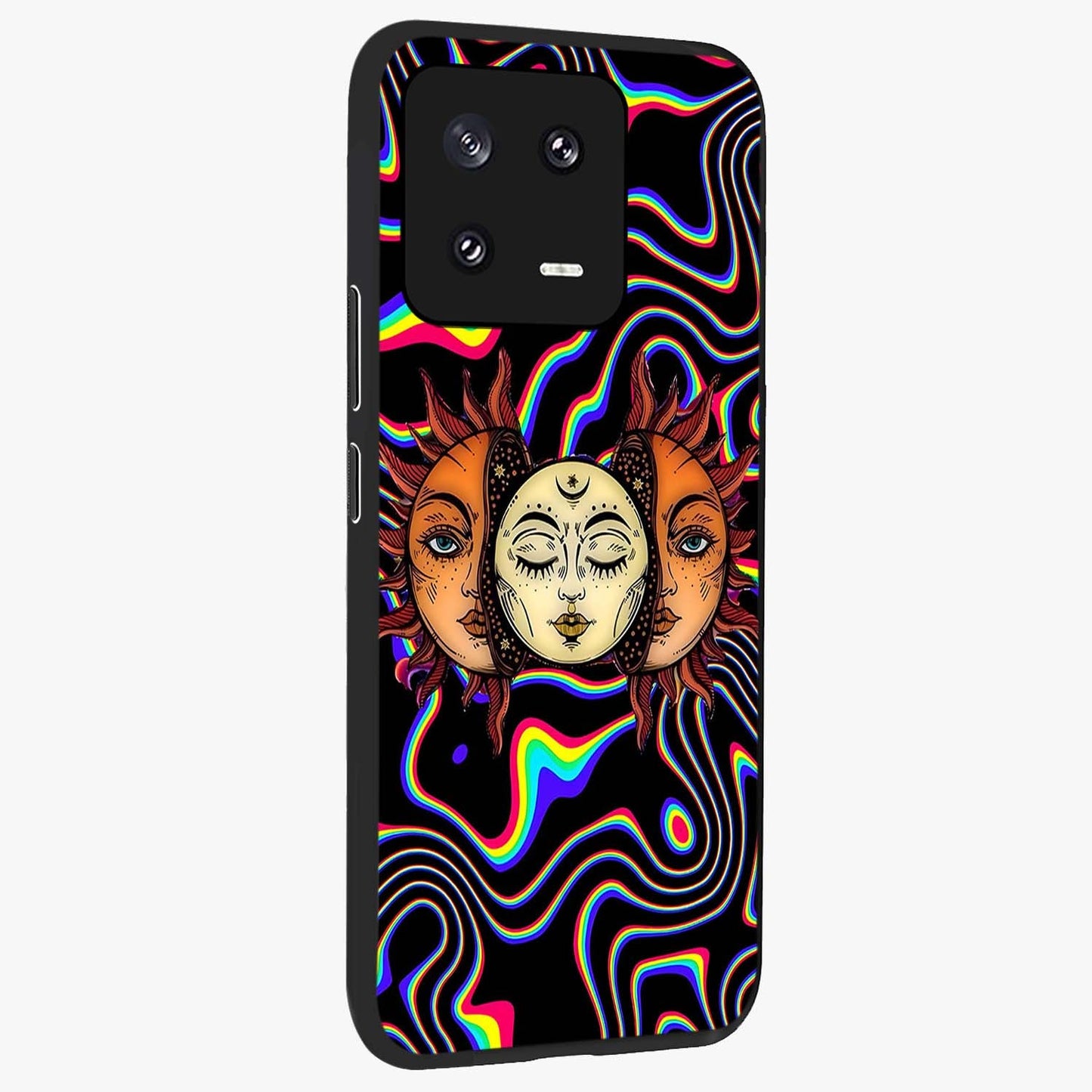 Psychedelic Sun Glass Case upright view showcasing trippy sun artwork with bold psychedelic theme.
