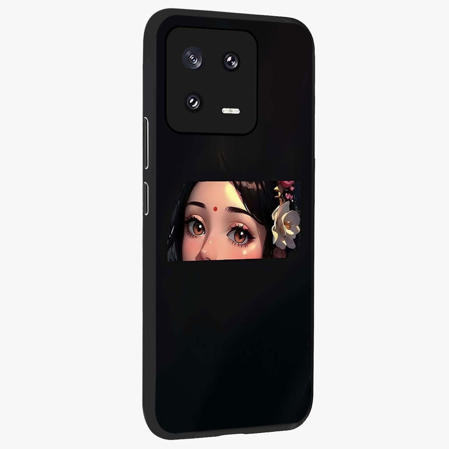 Radha Divine Embrace Glass Case upright view showcasing sacred Radha themed artwork with peaceful devotional style.