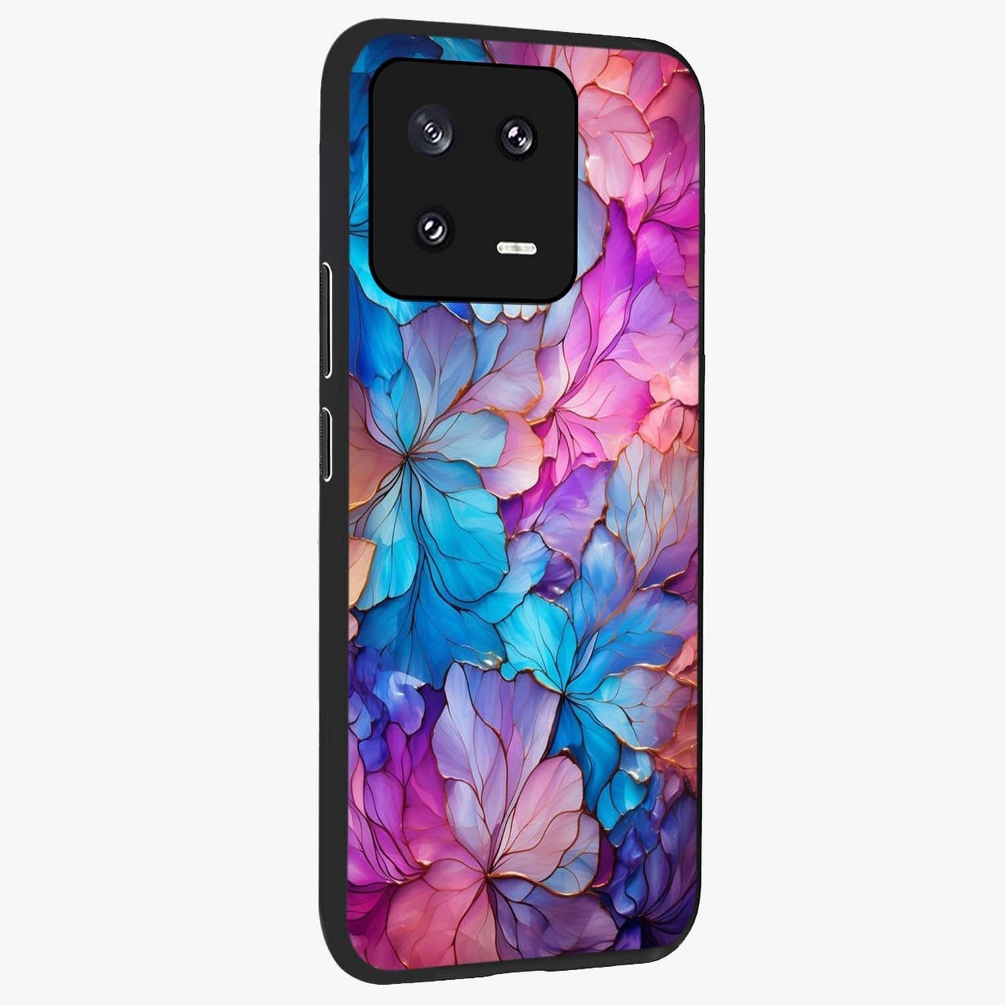 Radiant Floral Whirl Glass Case upright view showcasing lively floral artwork with decorative swirl theme.