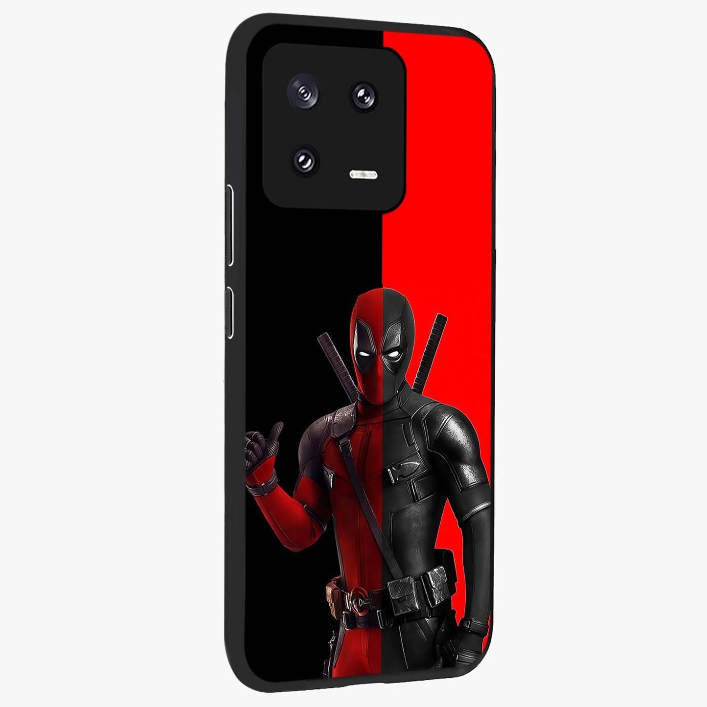 Red & Black Deadpool Theme Glass Case upright view showcasing energetic comic themed artwork with striking red and black design.
