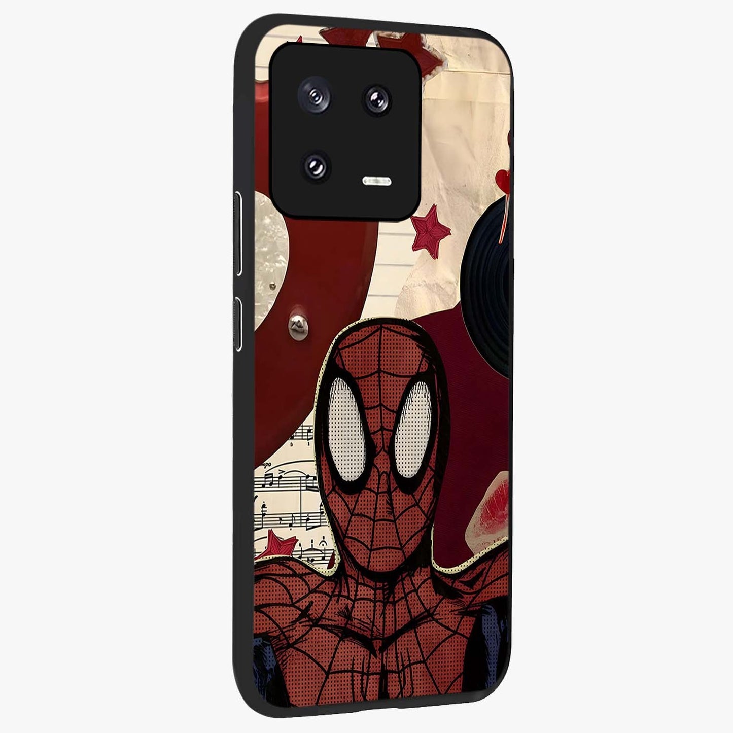 Web Warrior Vibes Glass Case upright view showcasing energetic superhero artwork with bold action theme.