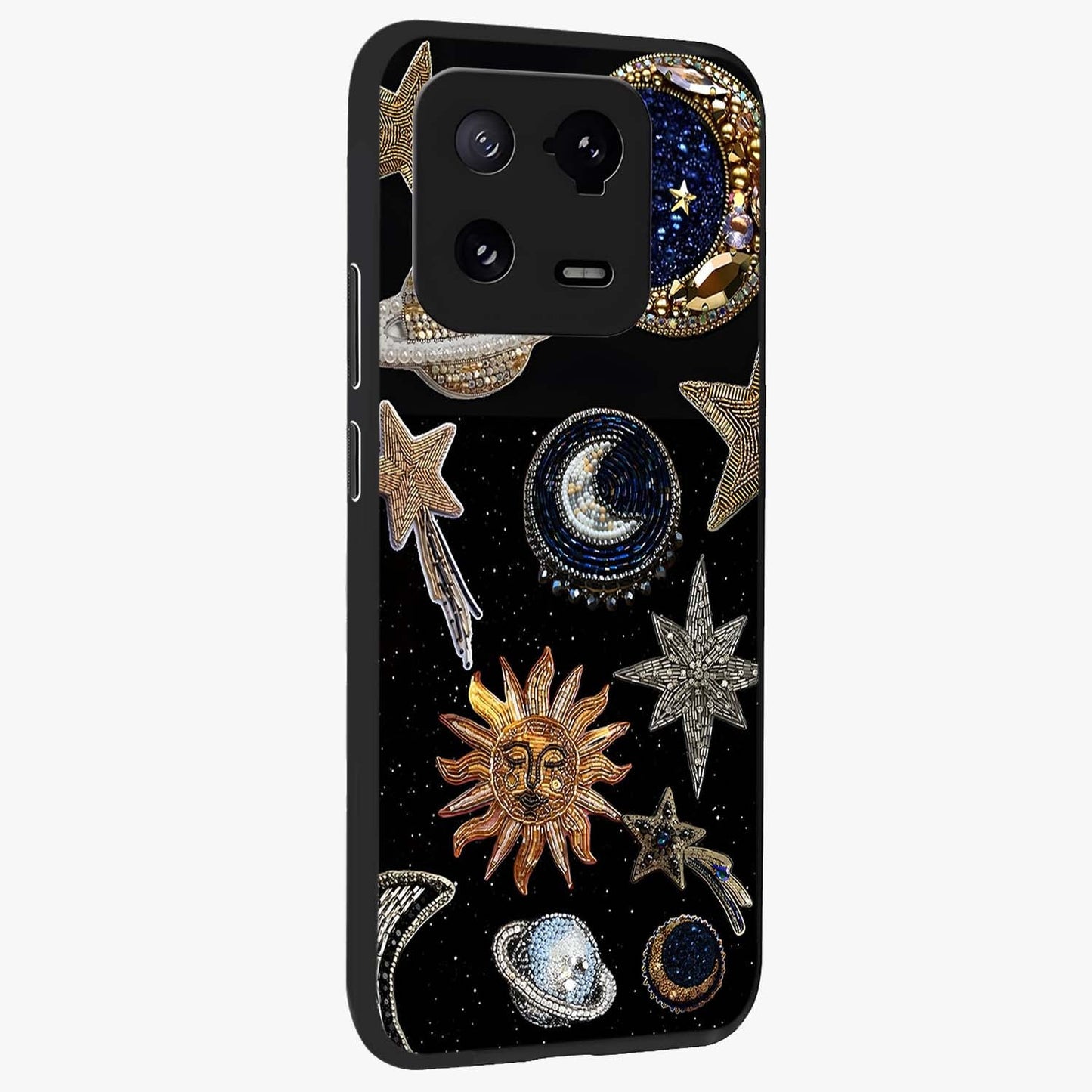 Celestial Gem Constellations Glass Case upright view showcasing cosmic constellation artwork with celestial aesthetic style.
