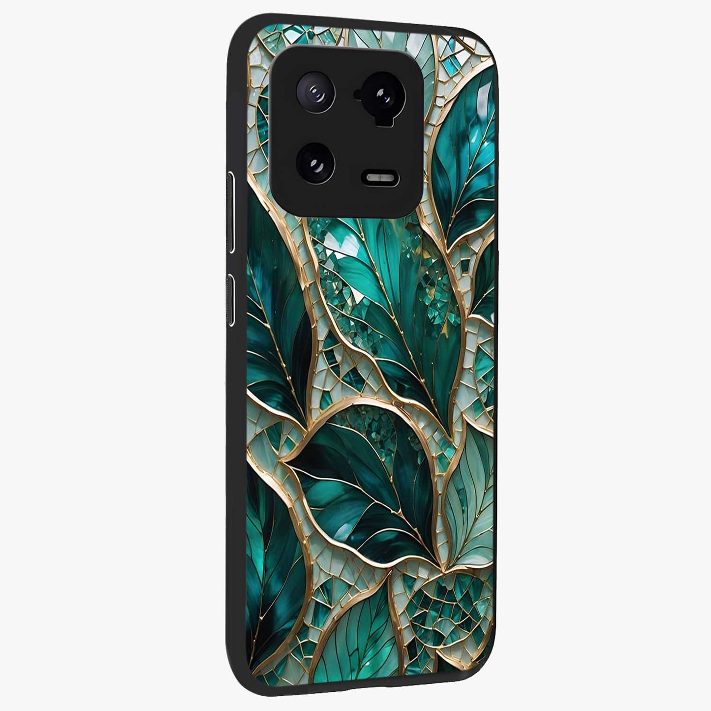Emerald Leaf Glass Glass Case upright view showcasing fresh green leaf artwork with calming nature inspired style.