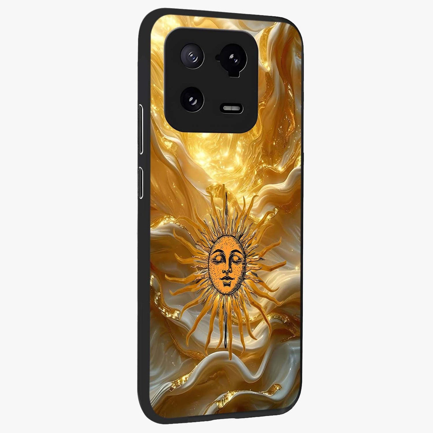 Eternal Golden Glow Glass Case upright view showcasing luminous golden artwork with luxurious visual theme.