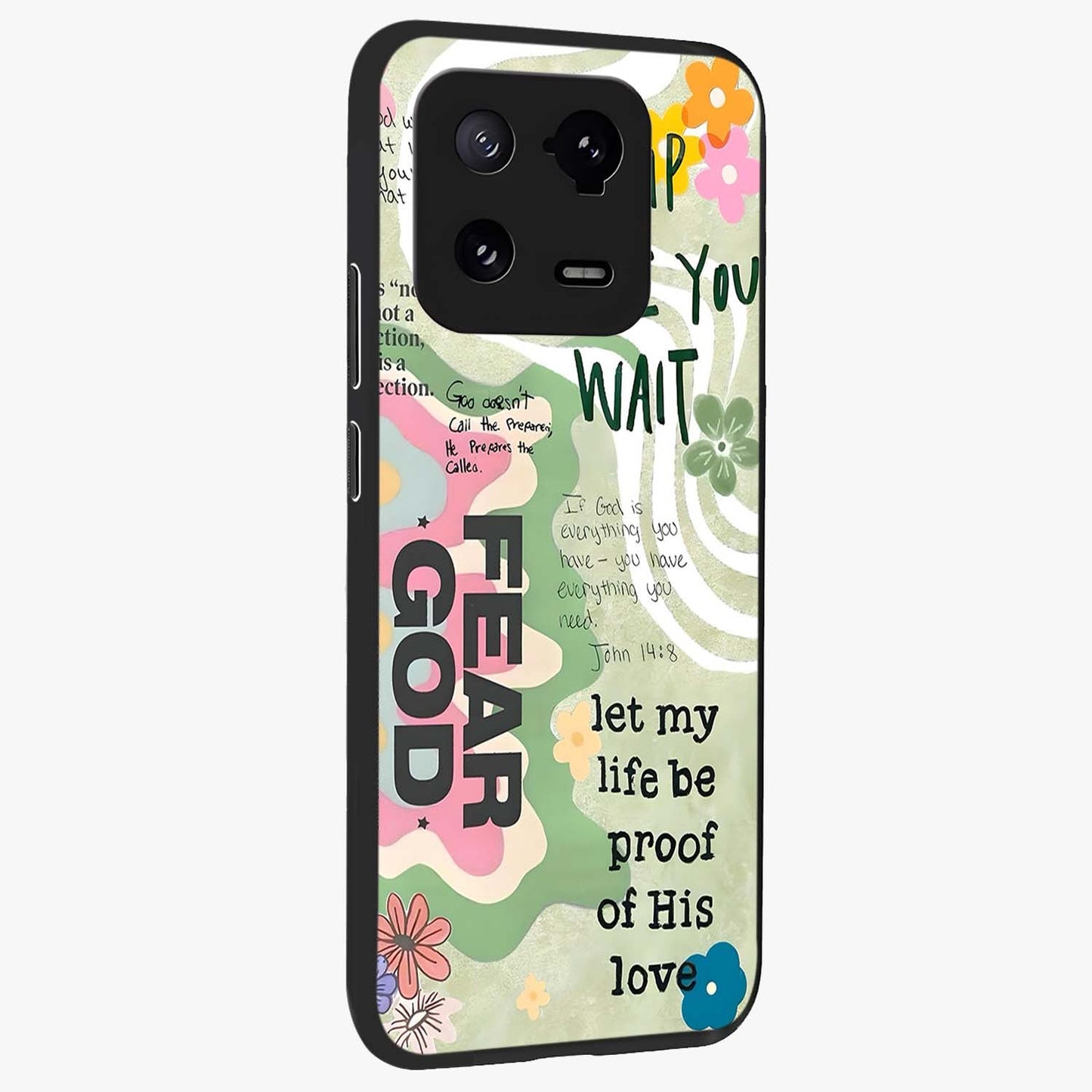 Faith Over Fear Glass Case upright view showcasing bold typography artwork with uplifting motivational theme.
