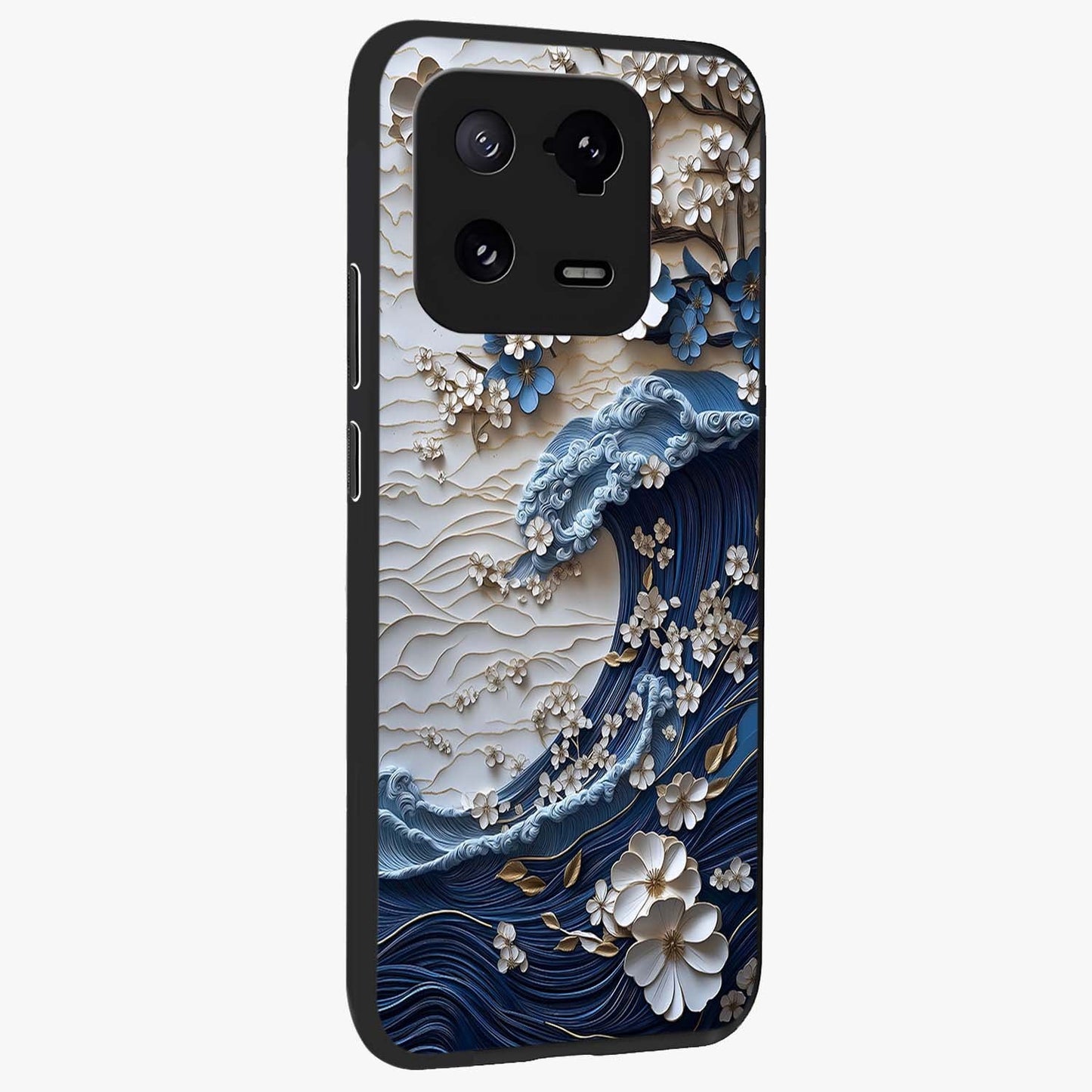 Floral Wave Origami Glass Case upright view showcasing creative floral origami artwork with artistic decorative theme.