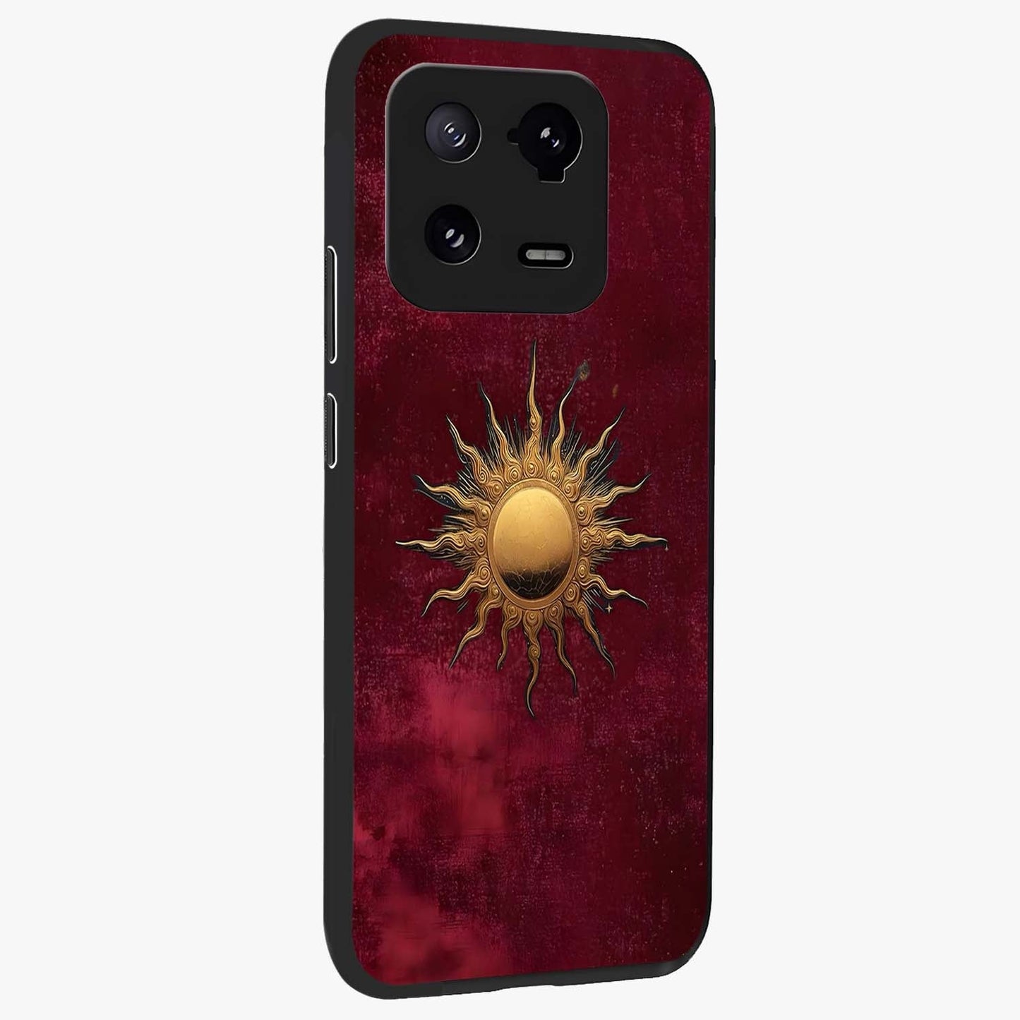 Golden Sun Minimalism Glass Case upright view showcasing simple golden sun artwork with elegant minimalist style.