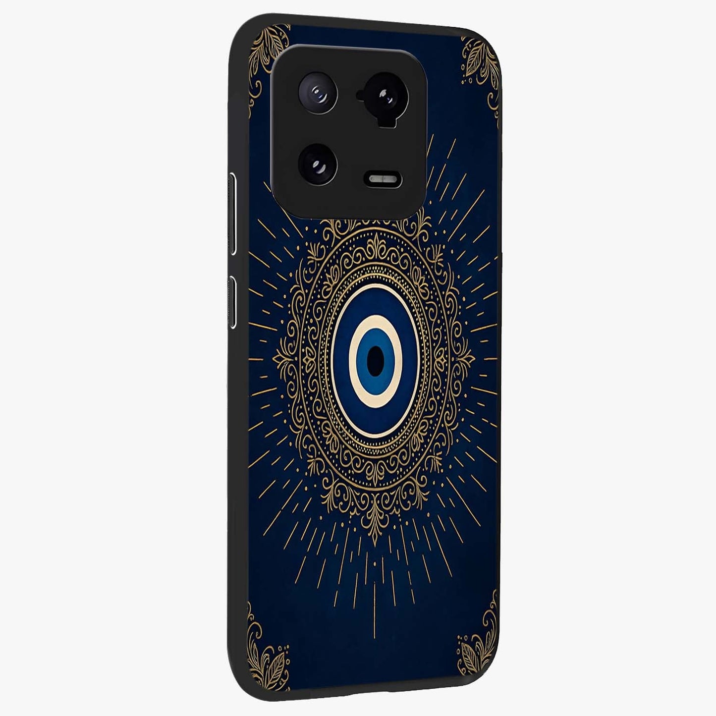 Golden Celestial Charm Glass Case upright view showcasing radiant celestial artwork with elegant golden theme.