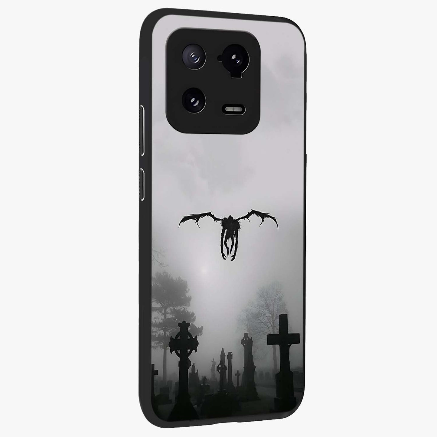 Graveyard Shadow Descent Glass Case upright view showcasing haunting graveyard artwork with dramatic dark theme.