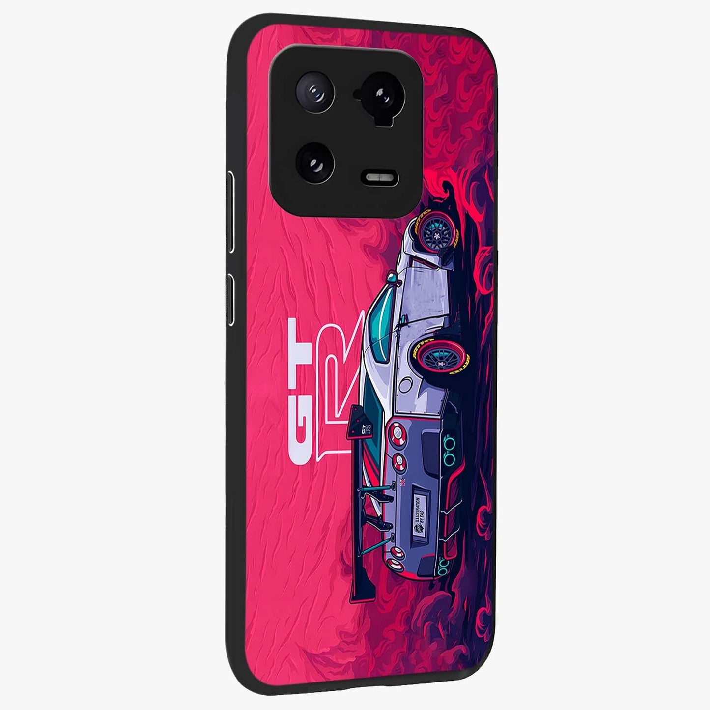 GT-R Car Pattern Glass Case upright view showcasing dynamic car pattern artwork with modern sports theme.