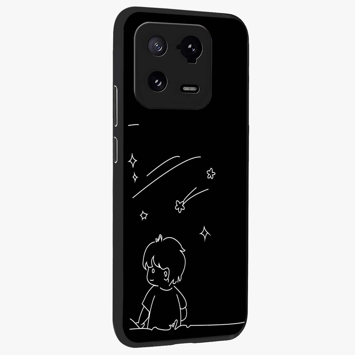 Line Art Boy With Shooting Stars Glass Case upright view showcasing artistic shooting star illustration with minimal style.