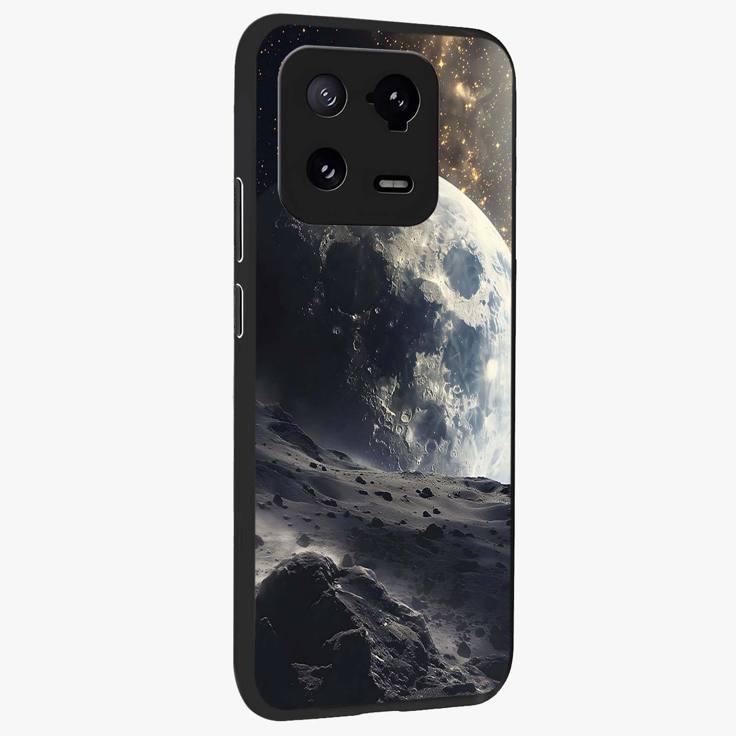Lunar Horizon Glow Glass Case upright view showcasing radiant lunar artwork with calm cosmic theme.