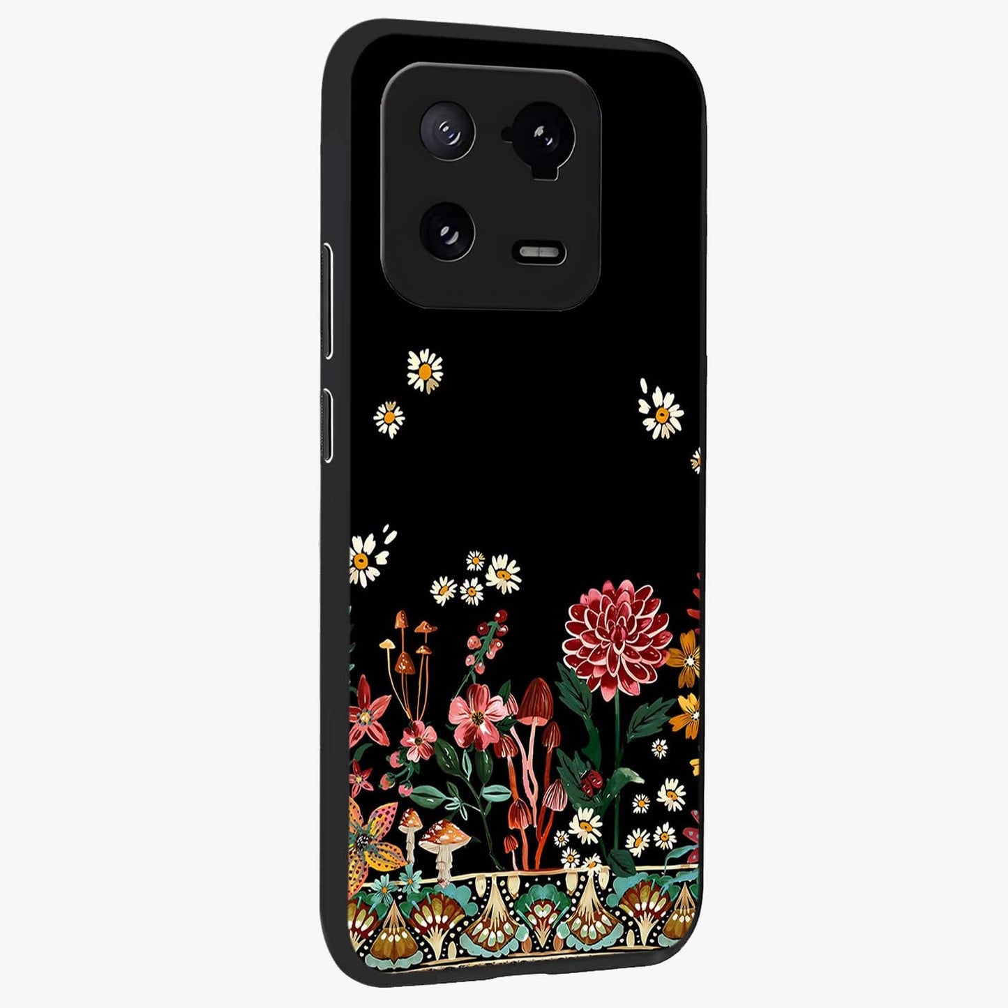 Midnight Bloom Pattern Glass Case upright view showcasing decorative floral artwork with deep night themed palette.