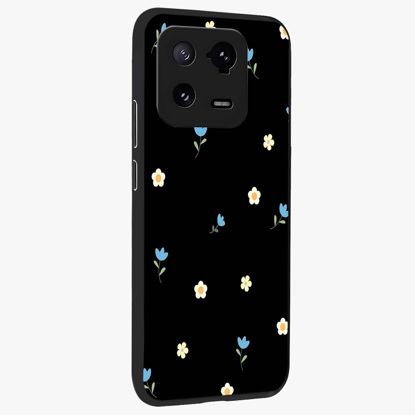 Minimal Petal Whispers Glass Case upright view showcasing elegant floral artwork with modern minimalist style.