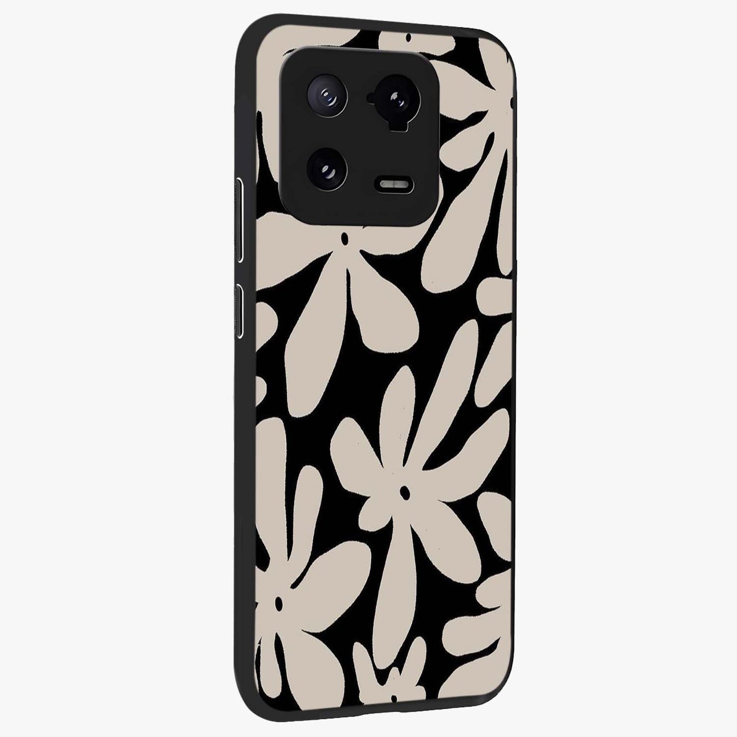 Monochrome Petal Dance Glass Case upright view showcasing artistic floral pattern with stylish monochrome theme.
