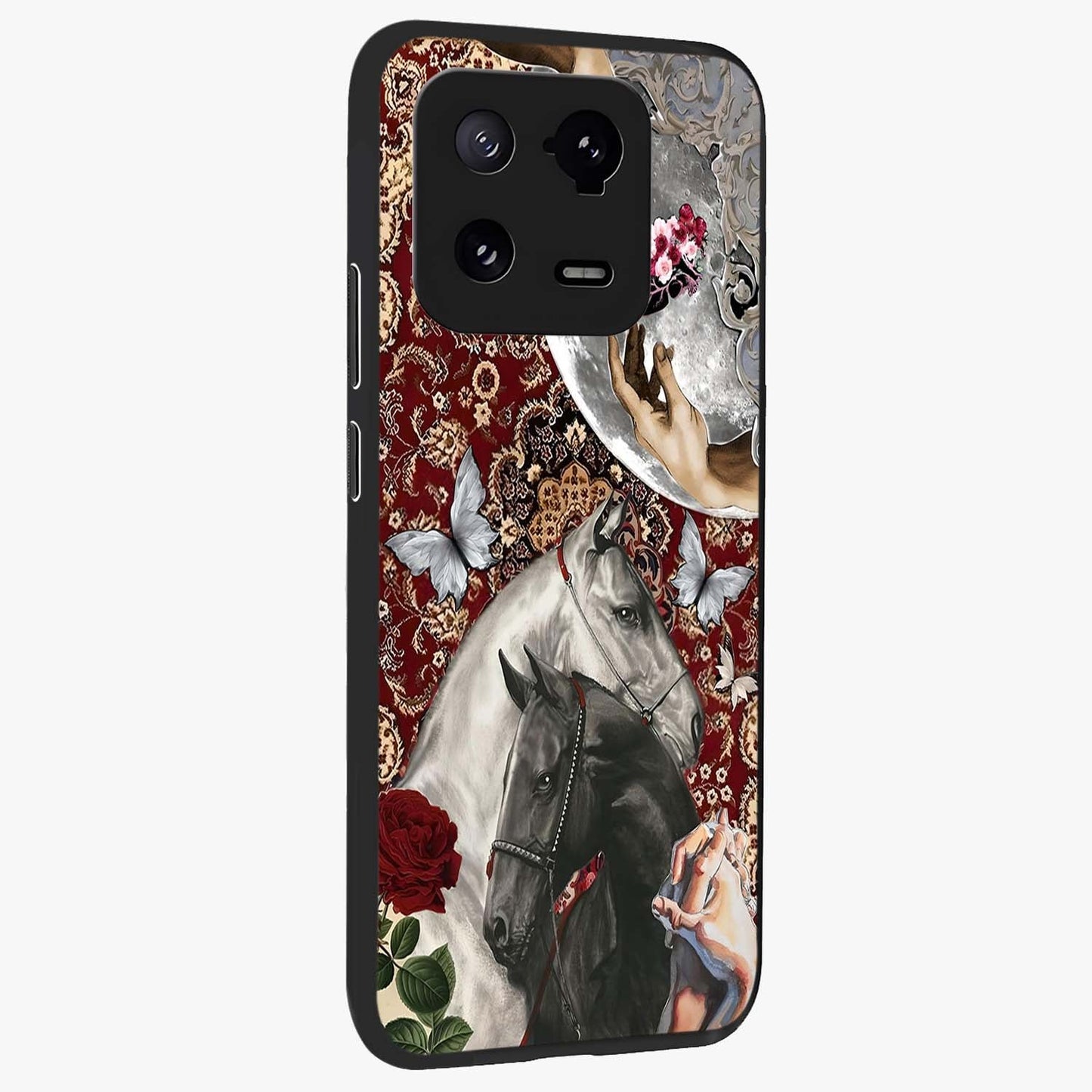Moonlit Royal Stallion Glass Case upright view showcasing dramatic horse artwork with glowing moon themed design.