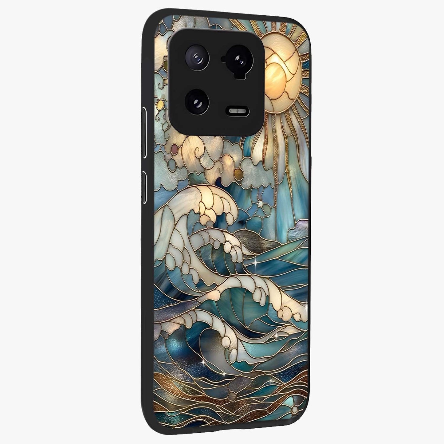 Oceanic Stained Printed Glass Case upright view showcasing decorative ocean pattern artwork with vibrant marine theme.