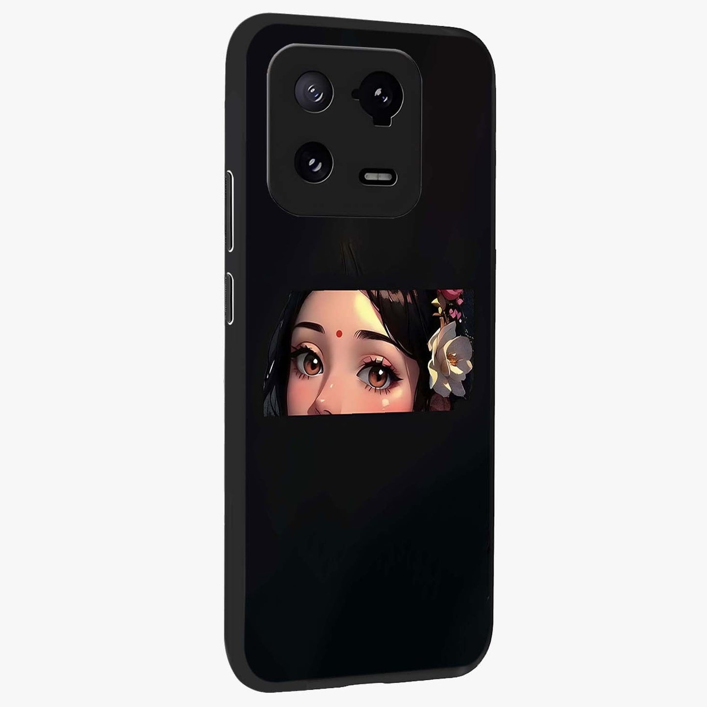 Radha Divine Embrace Glass Case upright view showcasing sacred Radha themed artwork with peaceful devotional style.