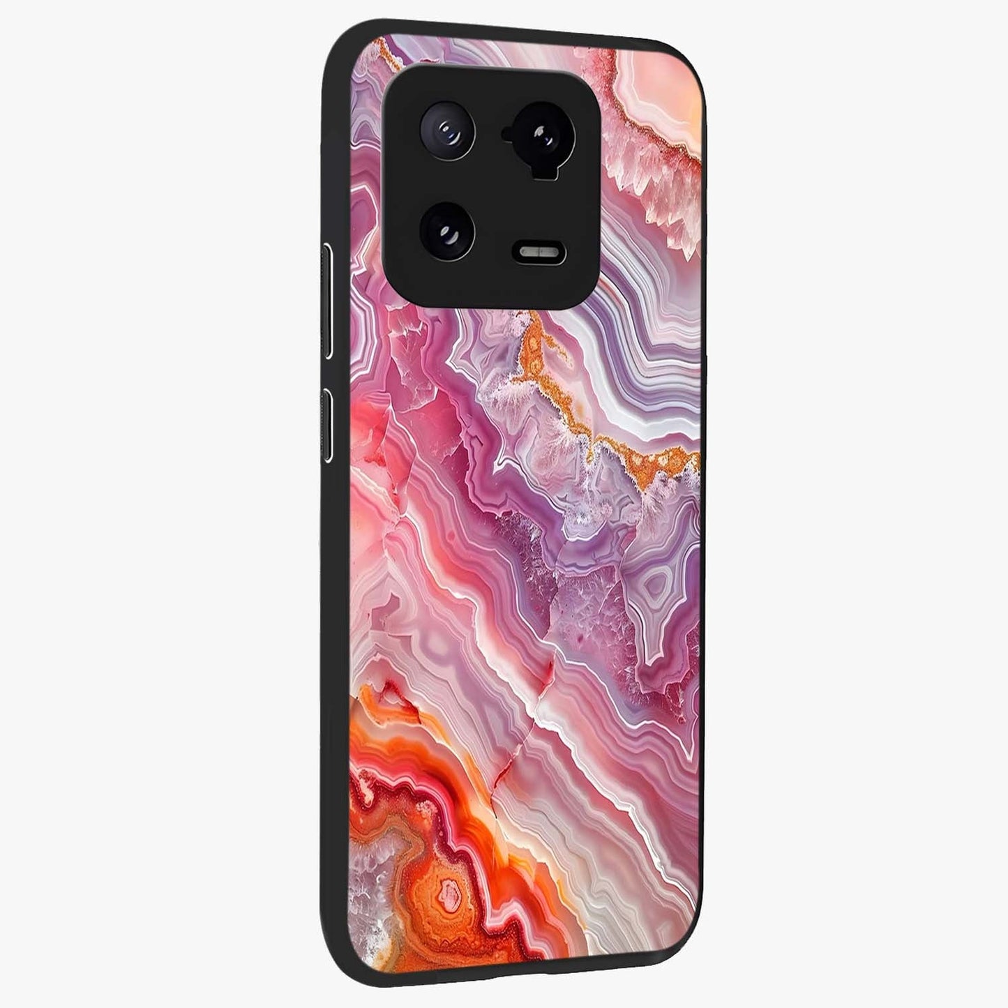 Rose Quartz Marble Glass Case upright view showcasing decorative marble artwork with luxurious pastel theme.