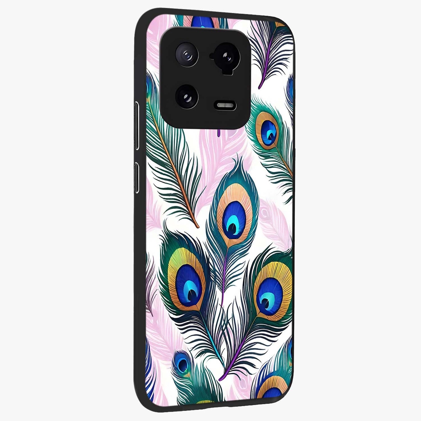 Royal Peacock Feathers Glass Case upright view showcasing elegant peacock feather artwork with decorative royal theme.