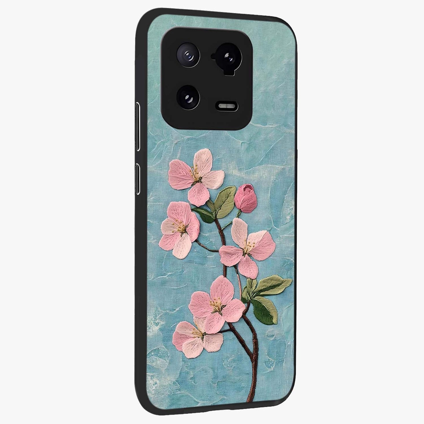 Threaded Blossom Breeze Glass Case upright view showcasing graceful flower artwork with calm botanical theme.