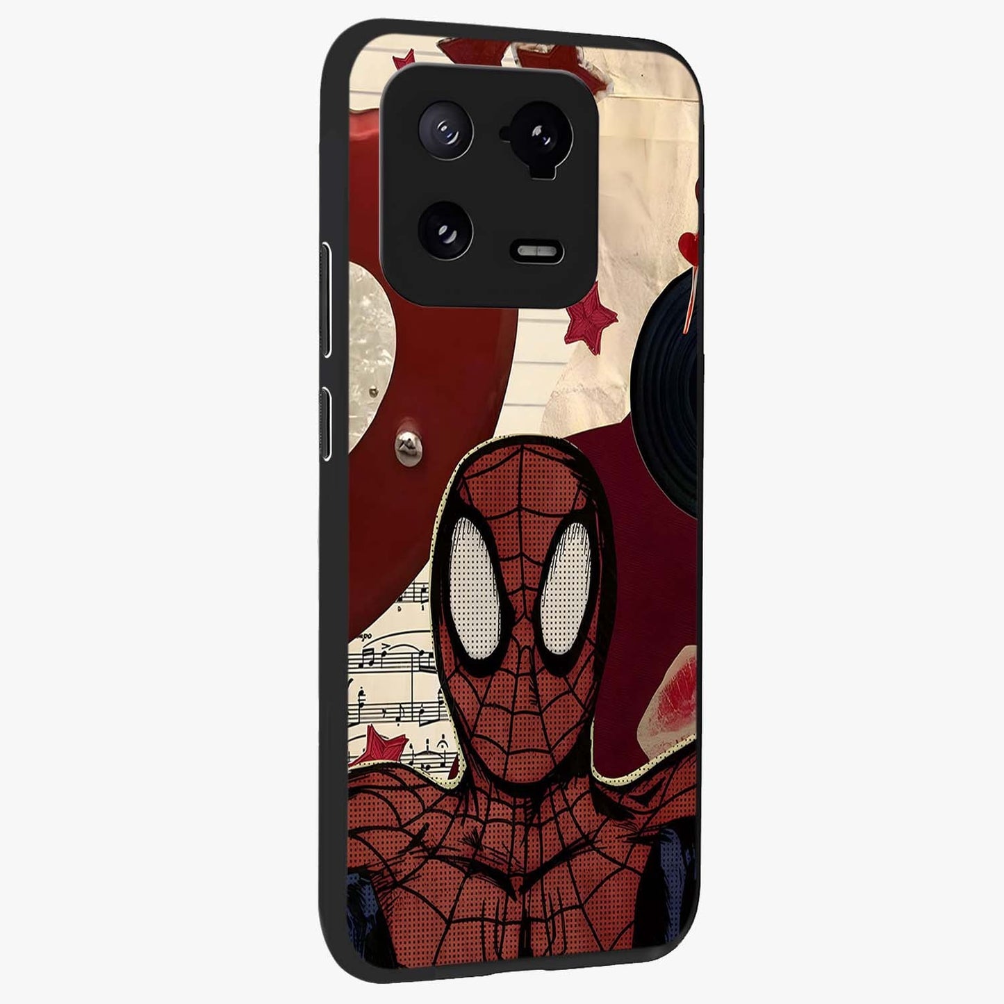 Web Warrior Vibes Glass Case upright view showcasing energetic superhero artwork with bold action theme.