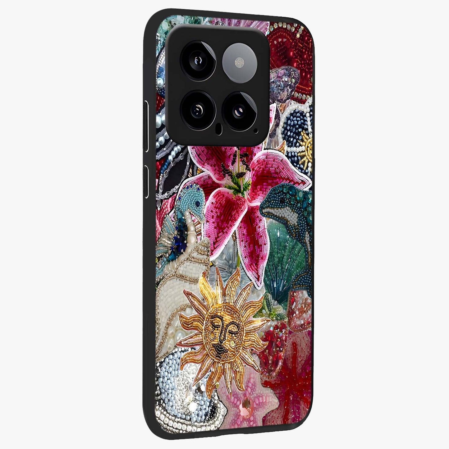 Beaded Garden Fantasy Glass Case upright view showcasing whimsical garden aesthetic with artistic bead details.