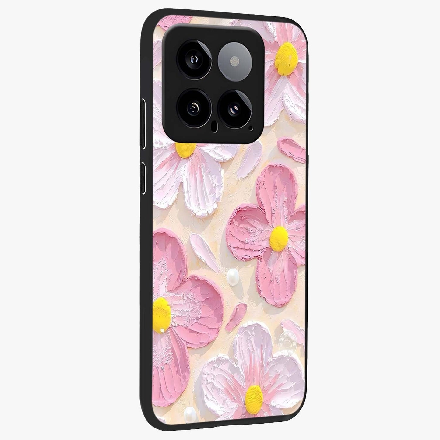 Blush Bloom Texture Glass Case upright view showcasing delicate blush floral texture with modern minimal style.