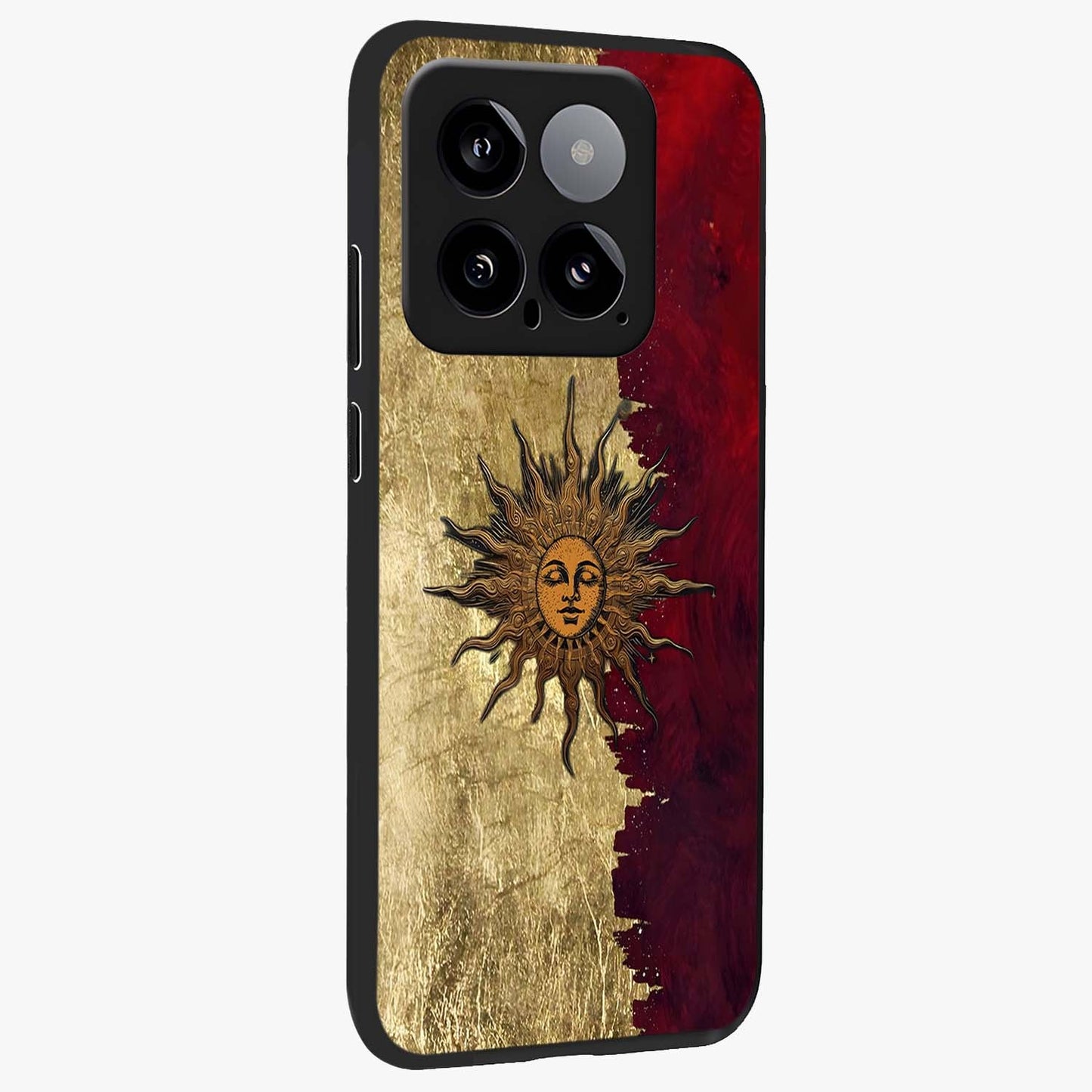 Crimson Sun Majesty Glass Case upright view showcasing vibrant sun artwork with powerful celestial theme.