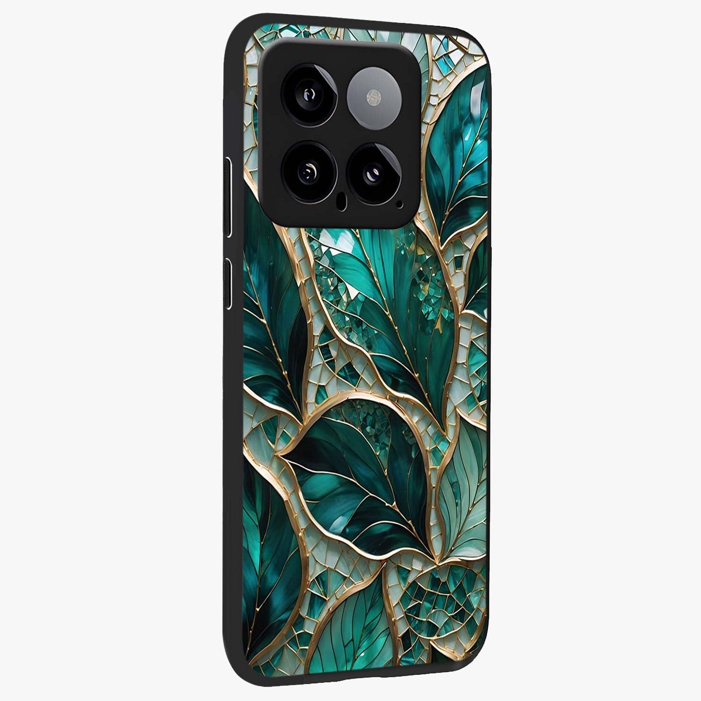 Emerald Leaf Glass Glass Case upright view showcasing fresh green leaf artwork with calming nature inspired style.