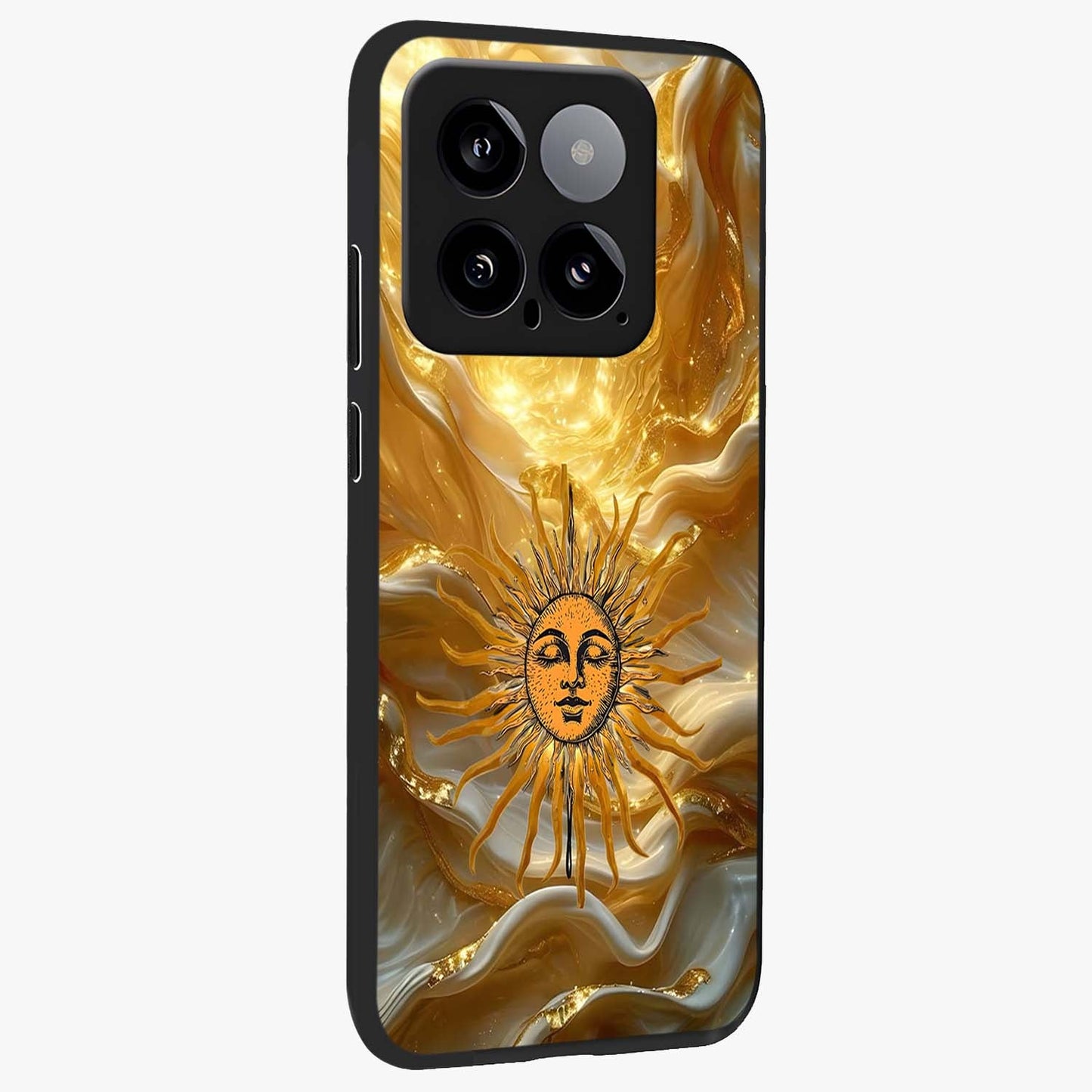 Eternal Golden Glow Glass Case upright view showcasing luminous golden artwork with luxurious visual theme.