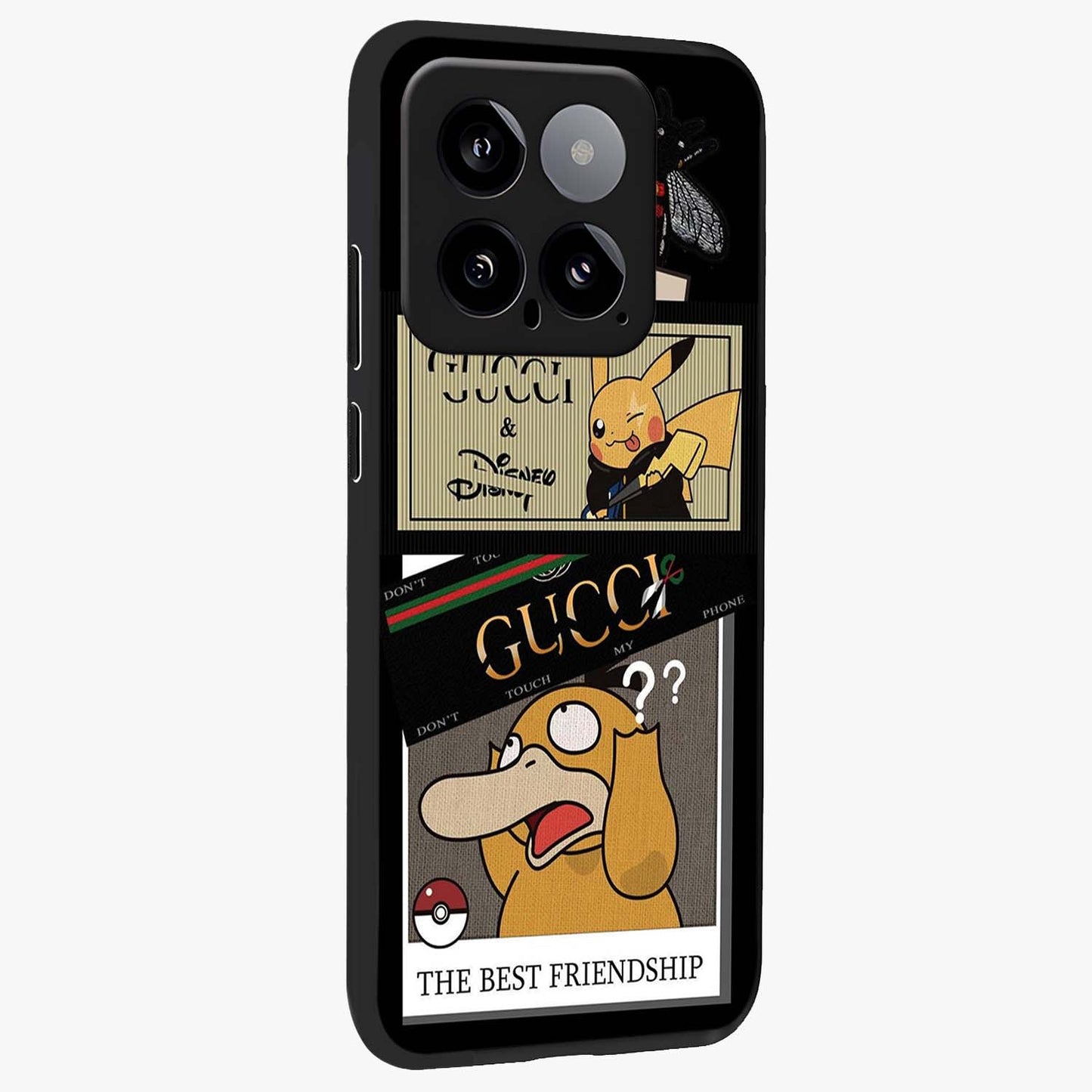 Gucci Play Mashup Glass Case upright view showcasing trendy luxury inspired artwork with modern fashion theme.