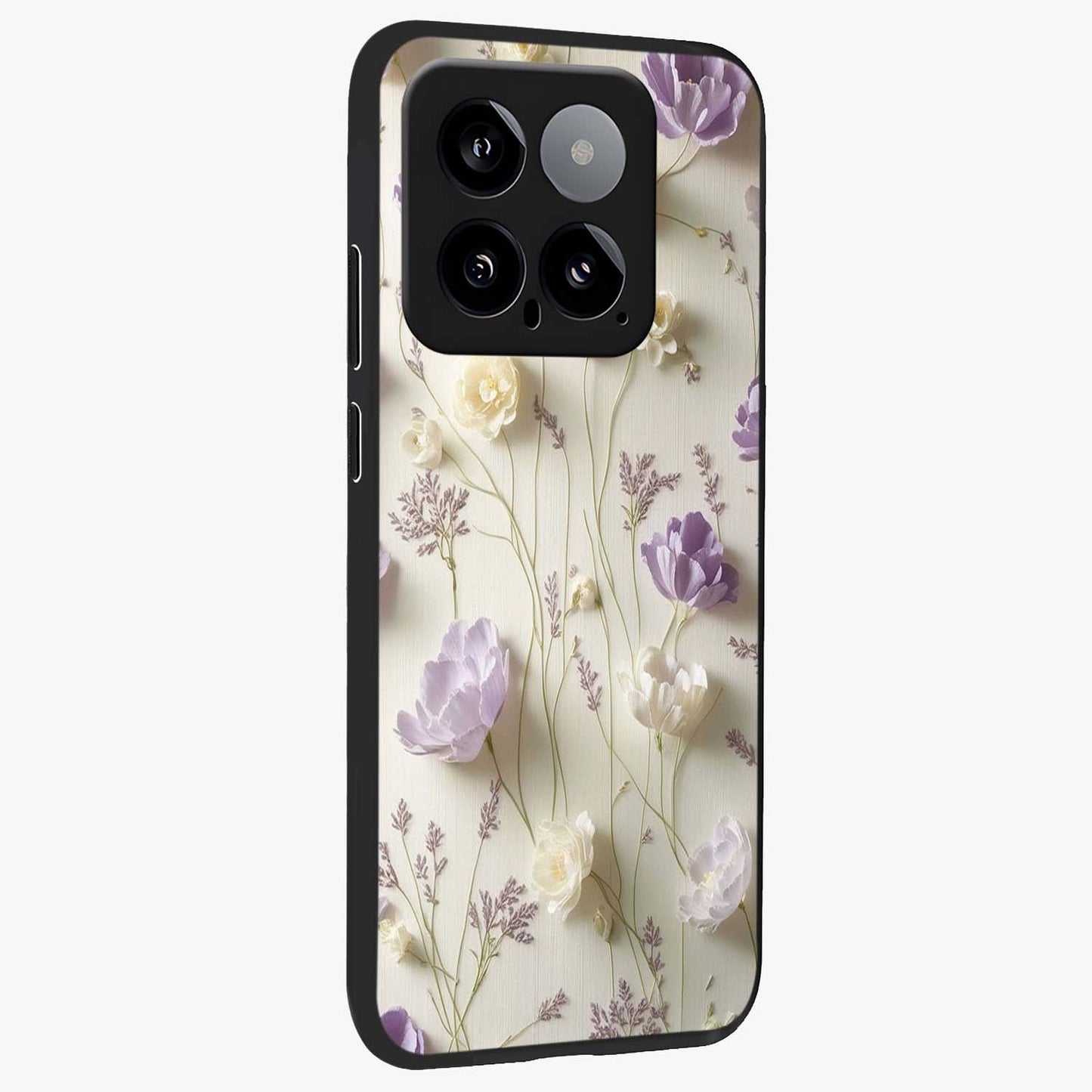 Lilac Breeze Harmony Glass Case upright view showcasing delicate lilac artwork with peaceful floral theme.