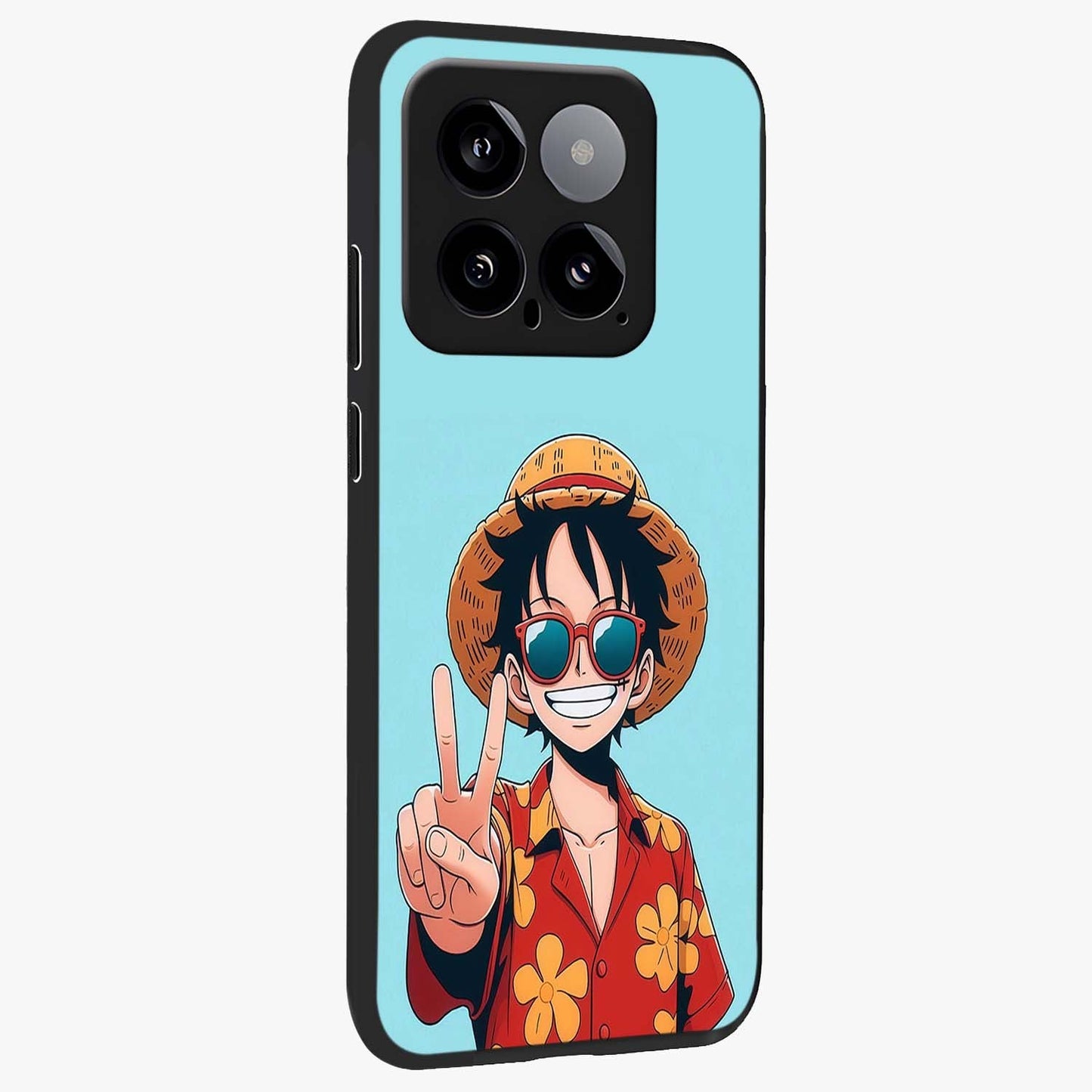 Luffy Summer Anime Vibe Glass Case upright view showcasing dynamic anime artwork with bright adventurous theme.