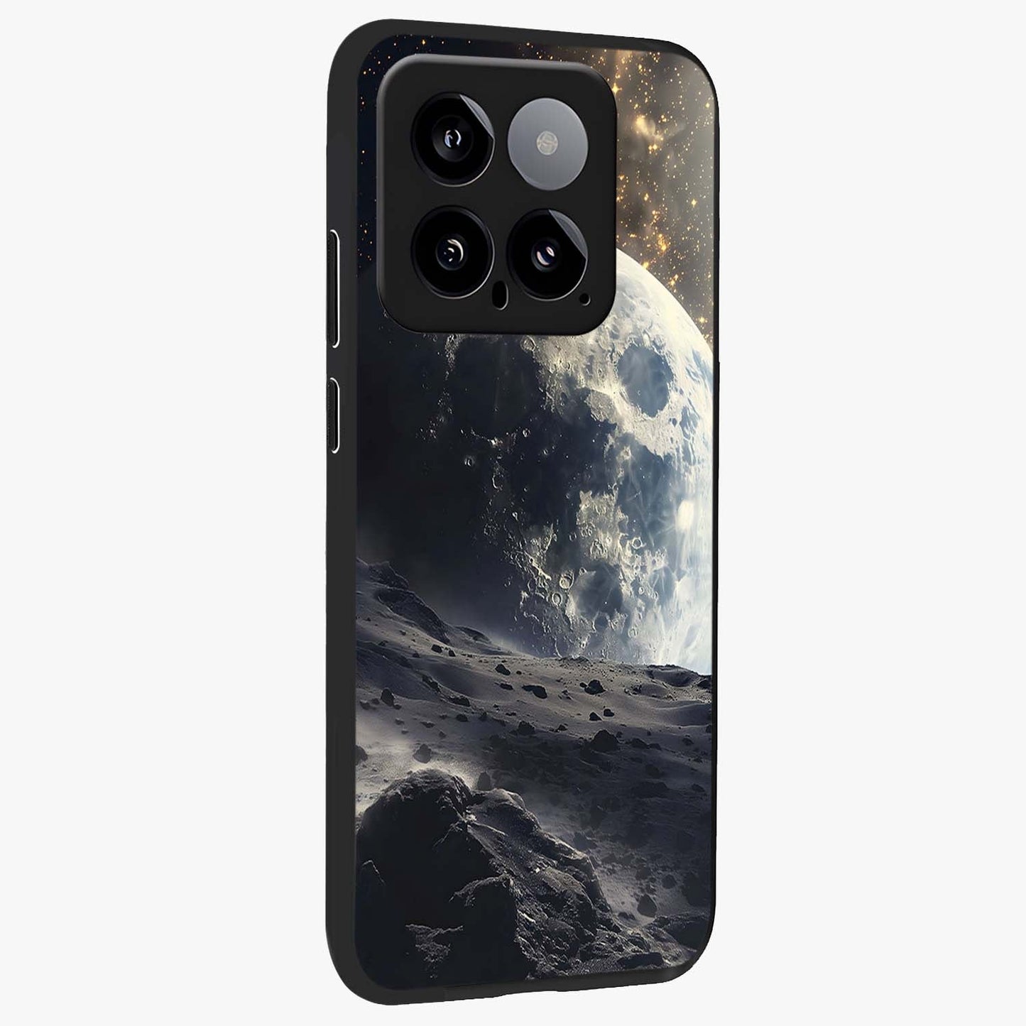 Lunar Horizon Glow Glass Case upright view showcasing radiant lunar artwork with calm cosmic theme.