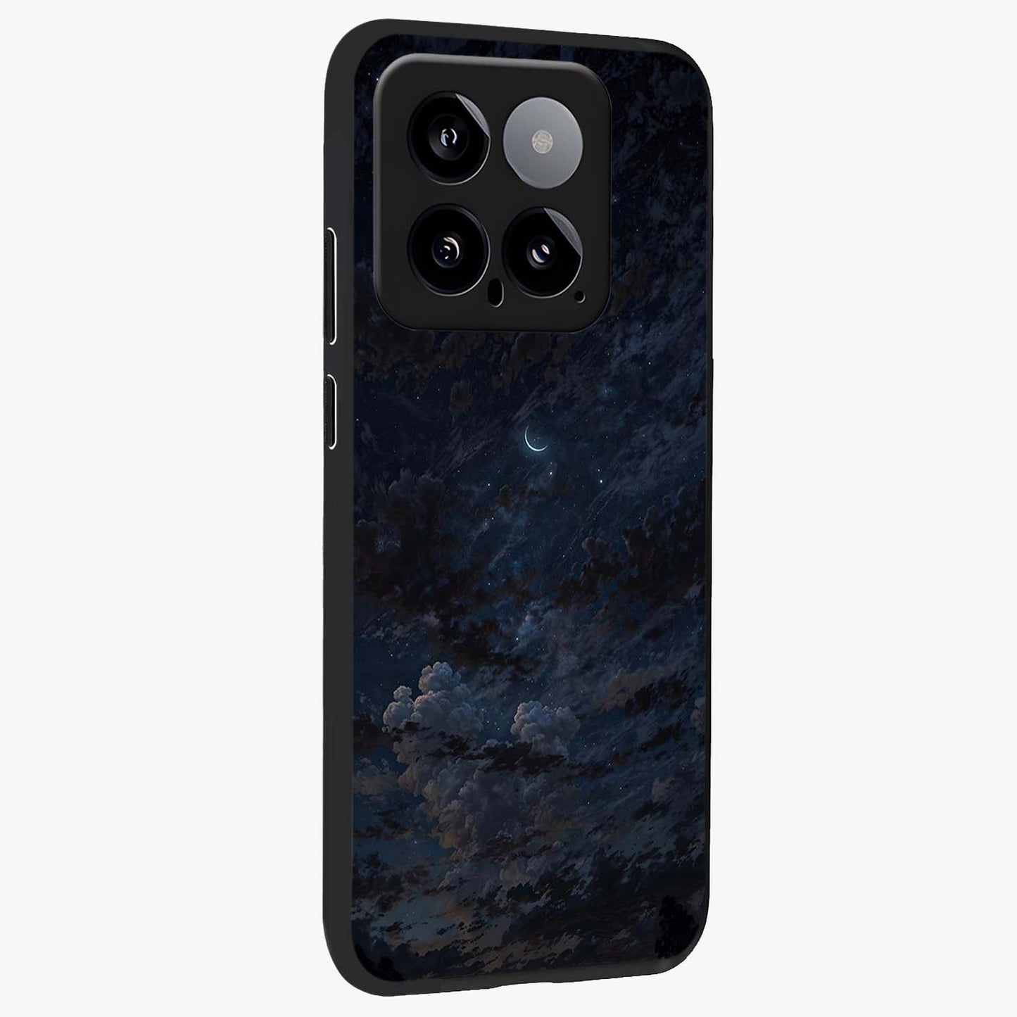 Lunar Veil Silence Glass Case upright view showcasing calm moon themed artwork with serene night atmosphere.
