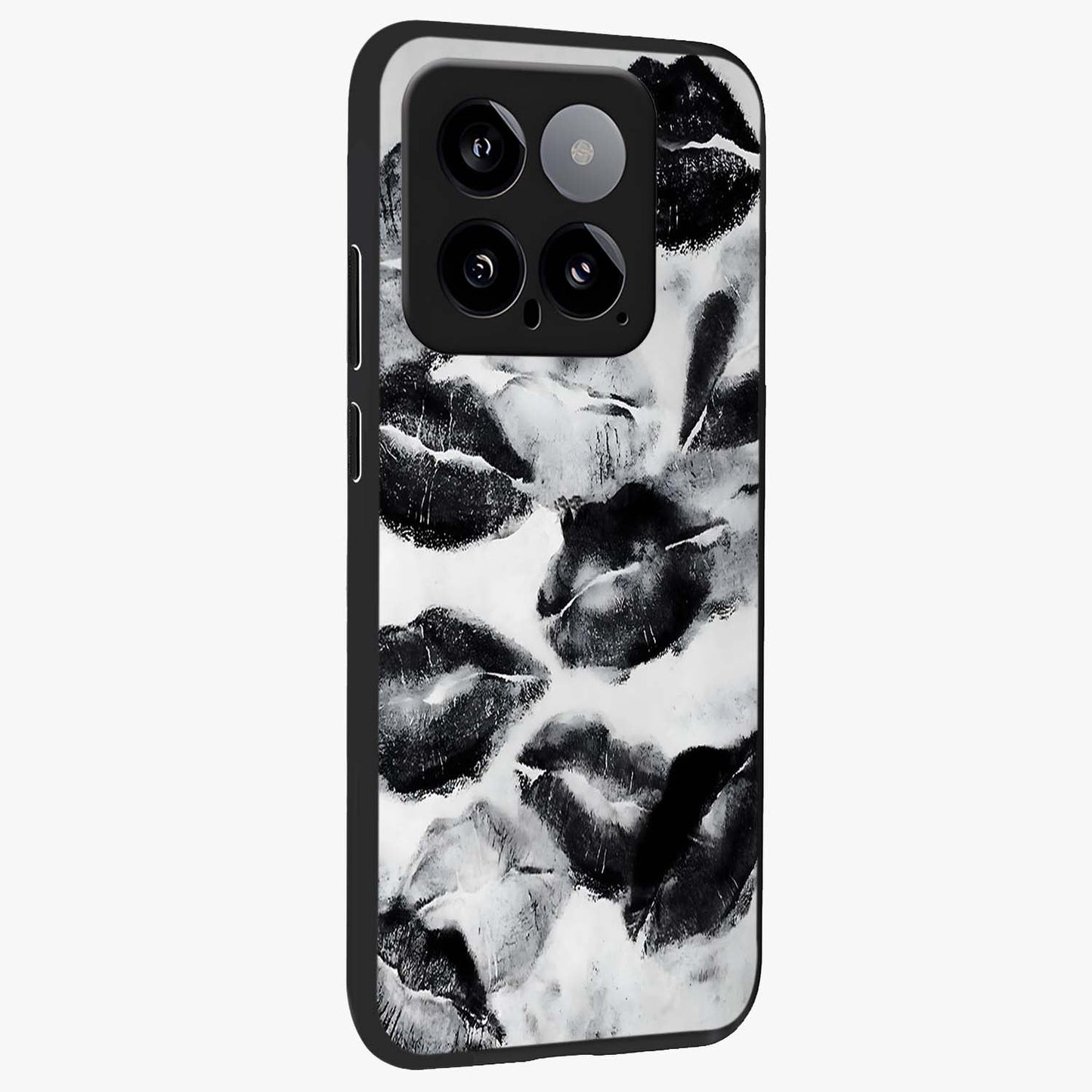 Midnight Kiss Marks Glass Case upright view showcasing stylish kiss mark artwork with trendy romantic theme.