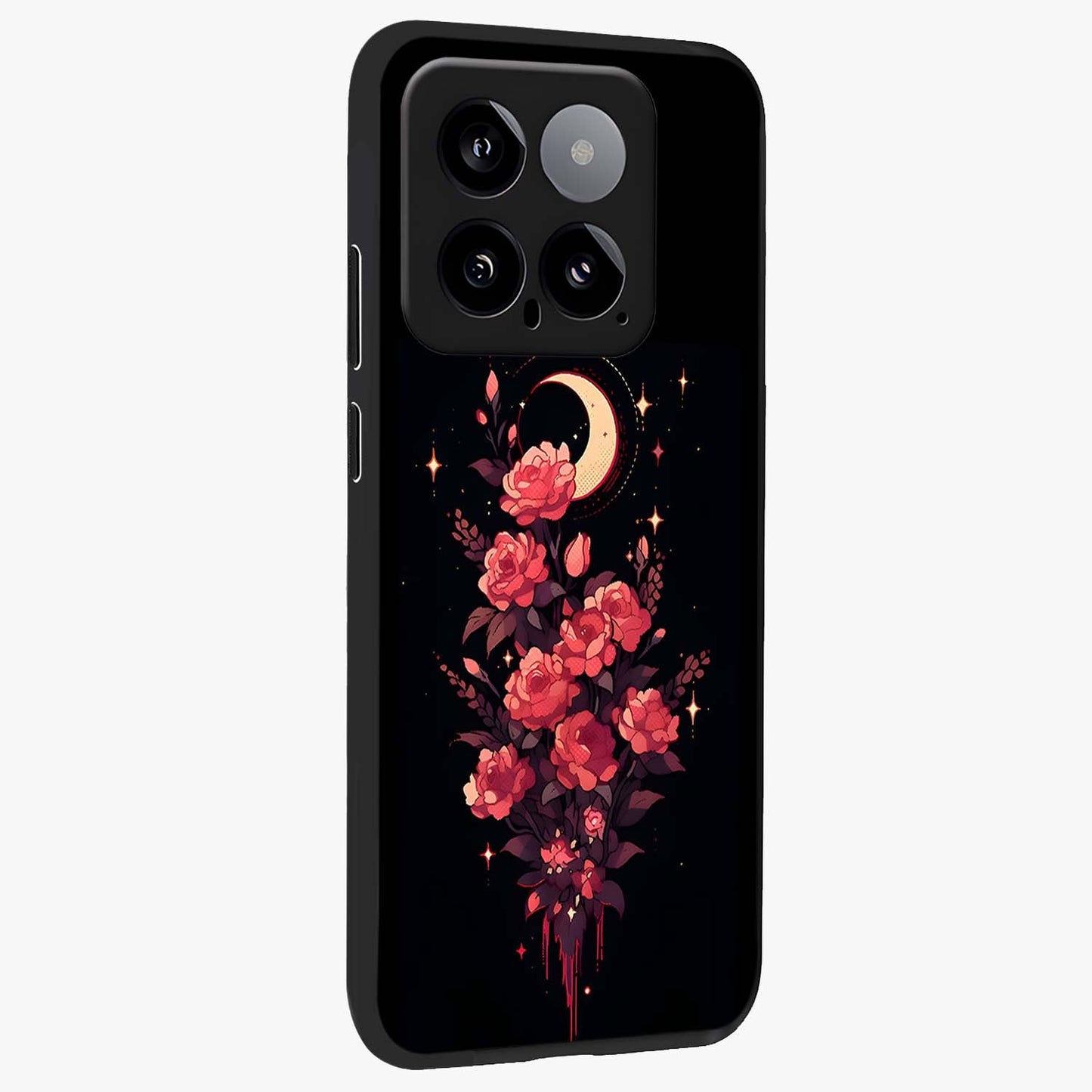 Moonlit Floral Elegance Glass Case upright view showcasing delicate floral artwork with refined night inspired theme.